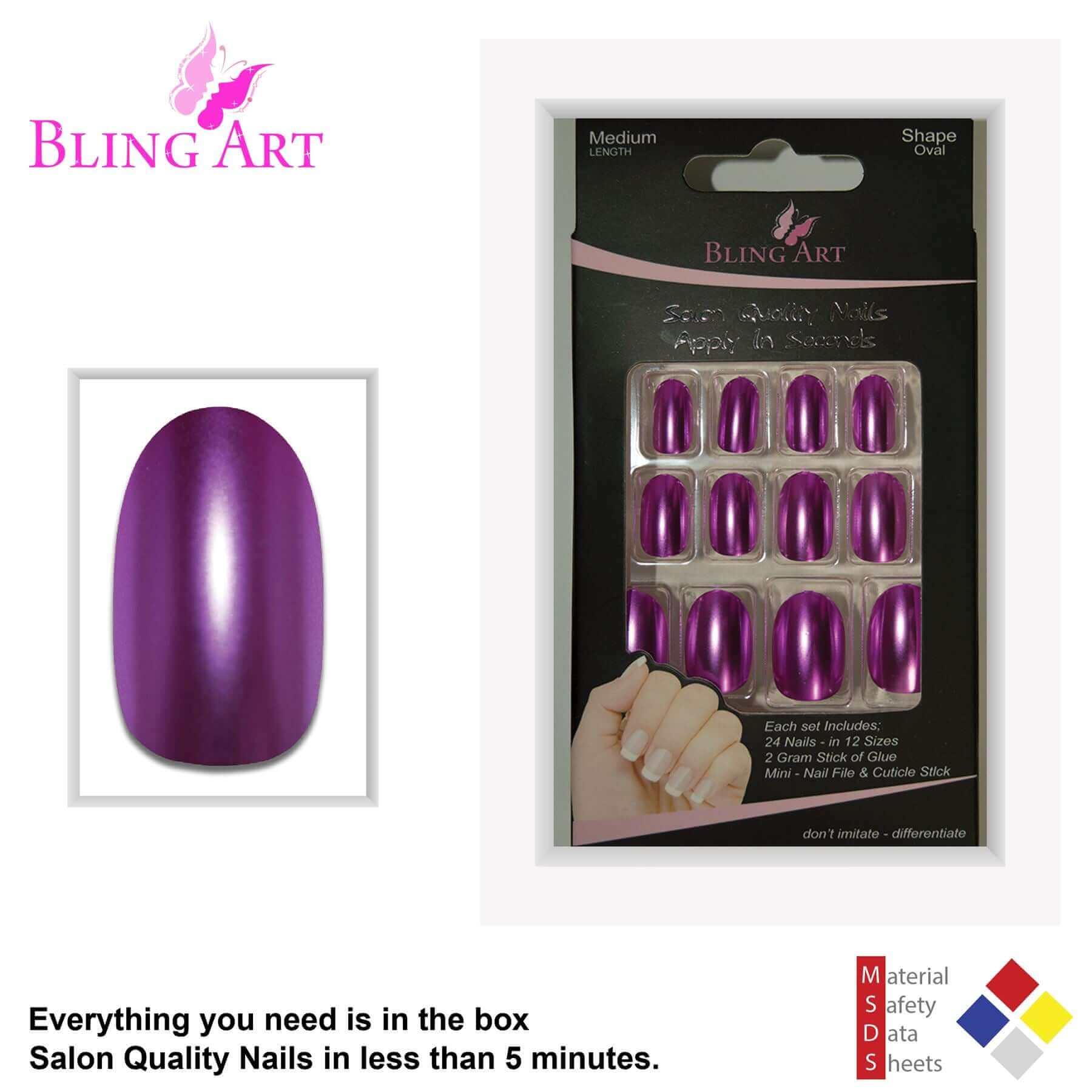 False Nails by Bling Art Purple Matte Metallic Oval Medium Fake Acrylic 24 Tips