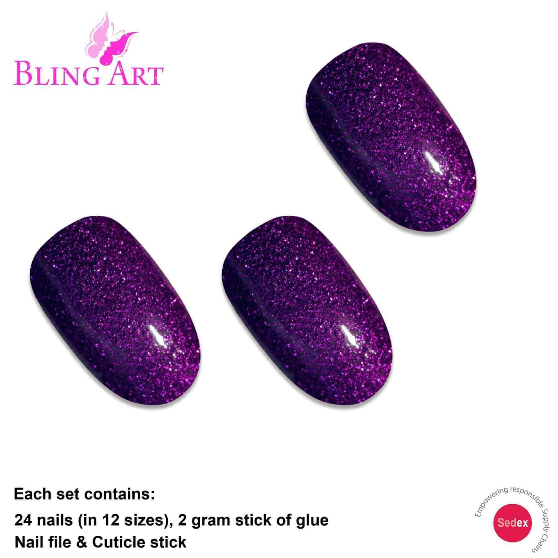 Multipack - False Nails by Bling Art Purple Gel Oval Medium Fake Acrylic Round Nail Tips with Glue