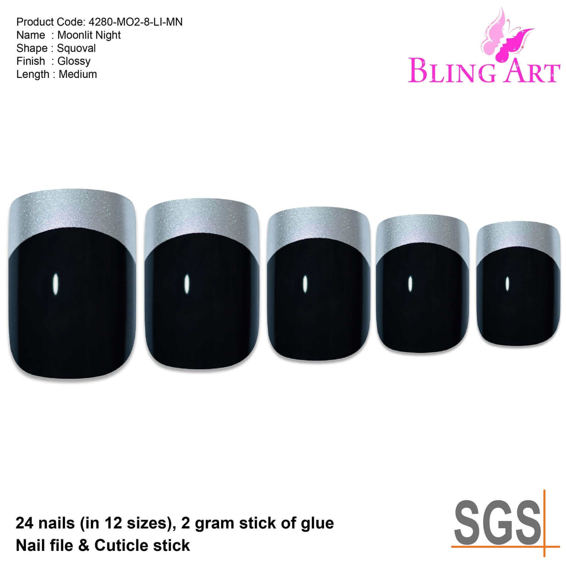 False Nails by Bling Art Black Silver French Manicure Fake Medium Tips with Glue