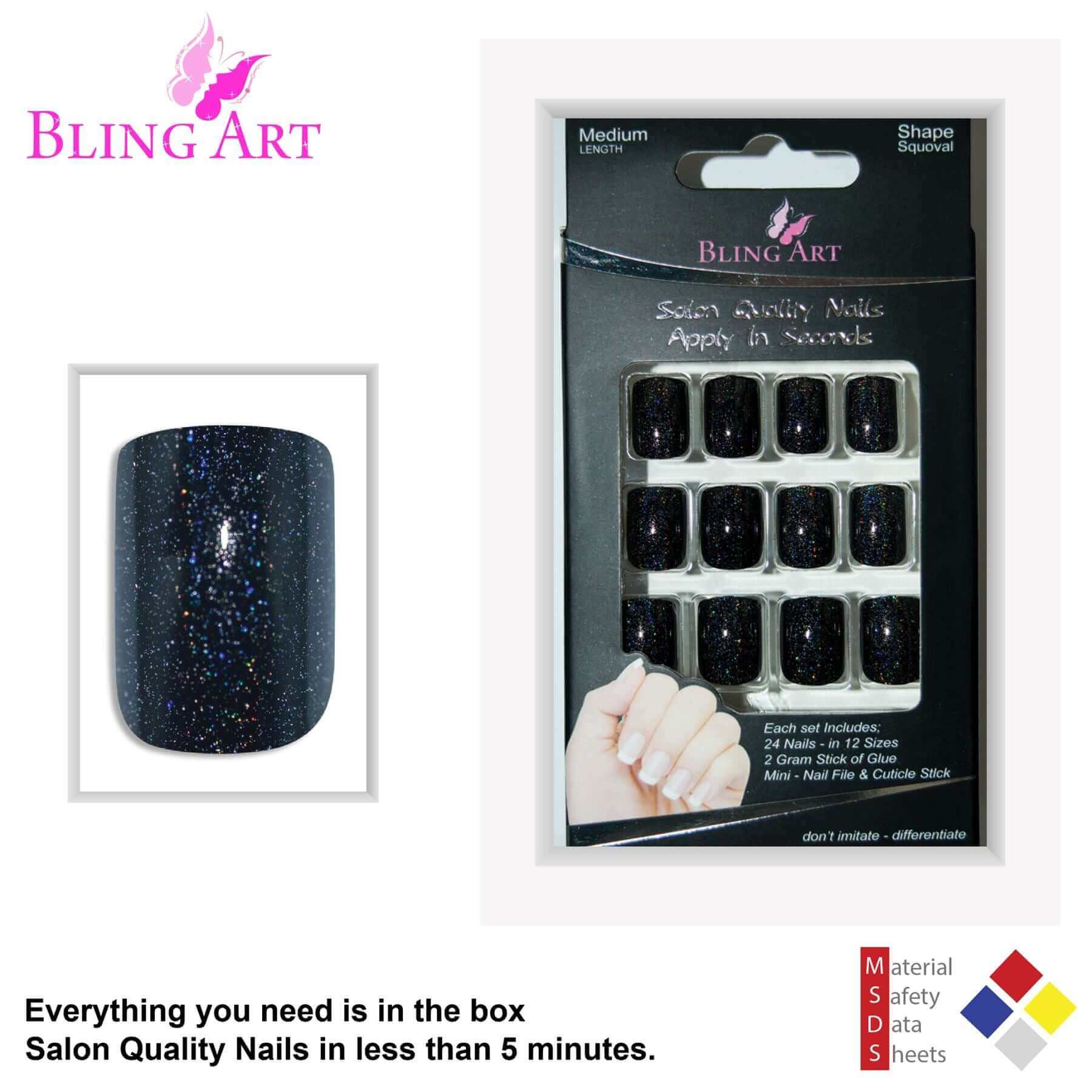 False Nails by Bling Art Black Gel French Squoval 24 Fake Medium Acrylic Tips