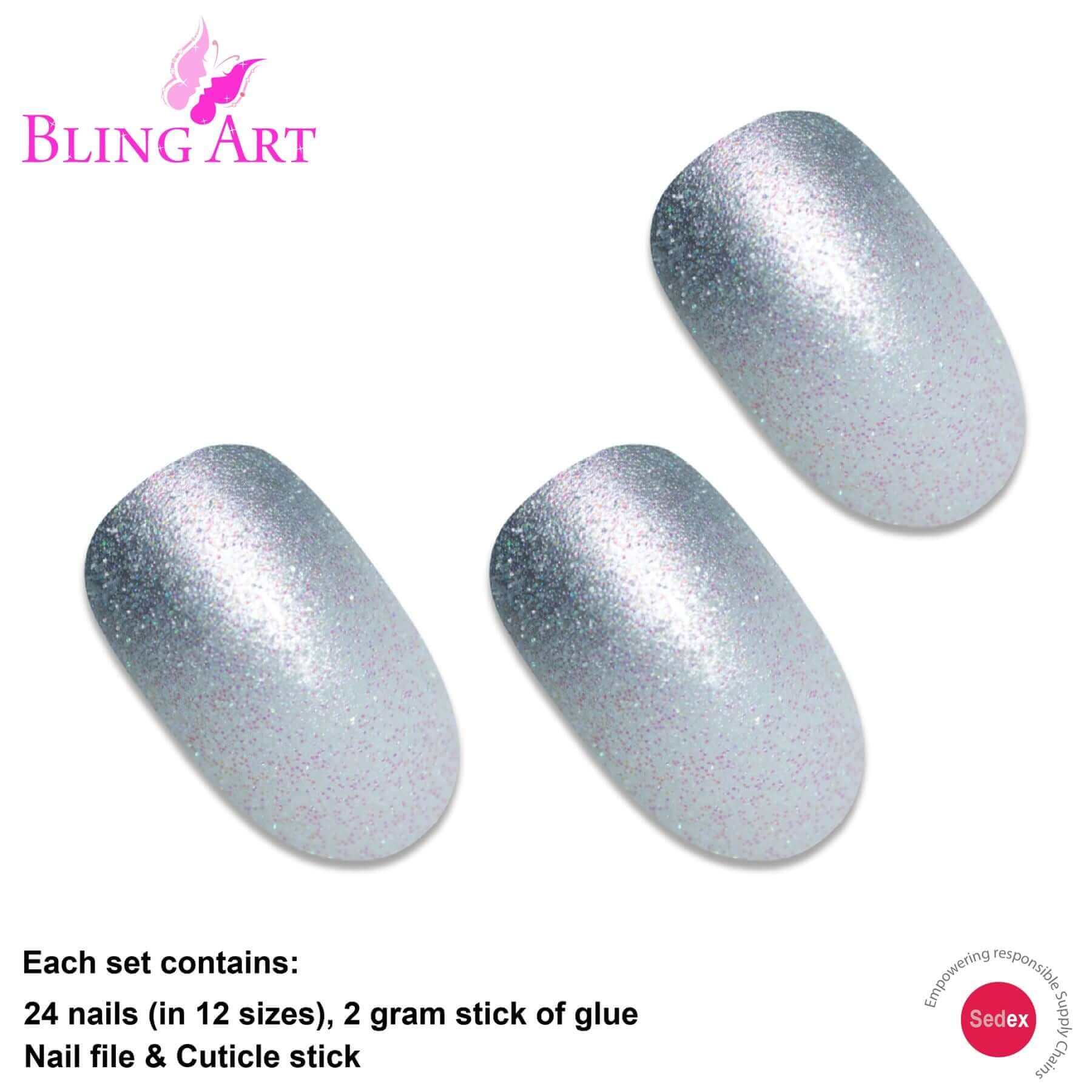 False Nails by Bling Art Silver Gel Ombre Oval Medium Fake Acrylic 24 Tips Glue