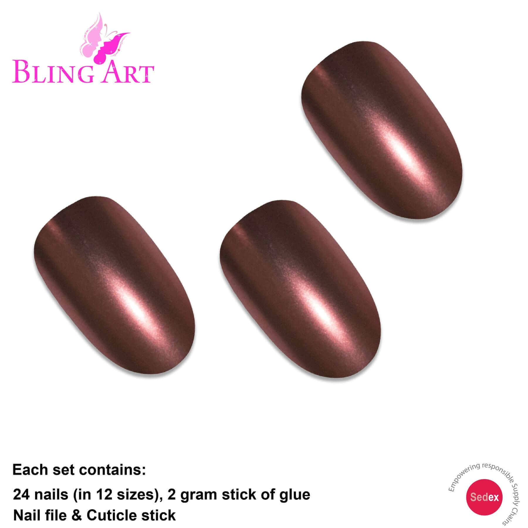 False Nails by Bling Art Brown Matte Metallic Oval Medium Fake Acrylic Tips Glue