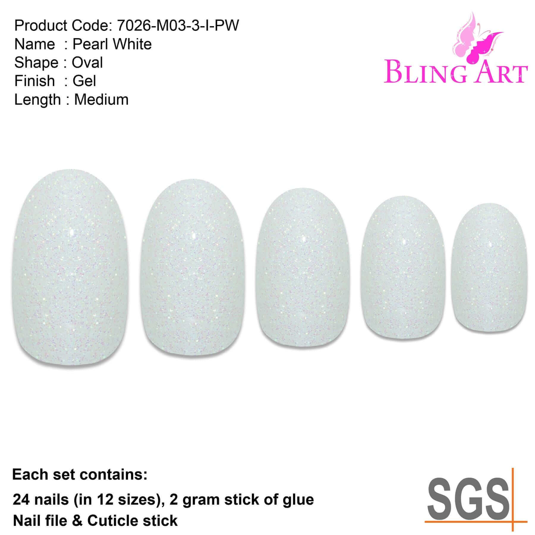 False Nails by Bling Art White Gel Oval Medium Fake Acrylic 24 Tips with Glue