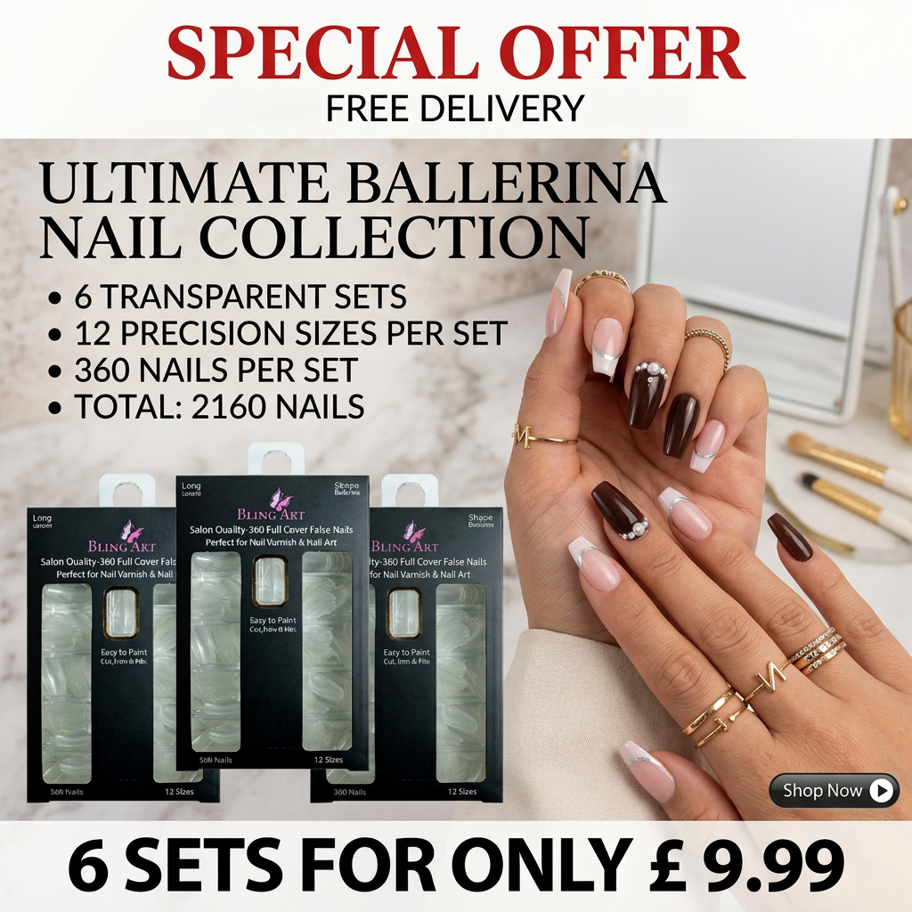 6 sets - False Nails by Bling Art 360 Coffin Ballerina Long Transparent Acrylic Fake Nail Tips without glue