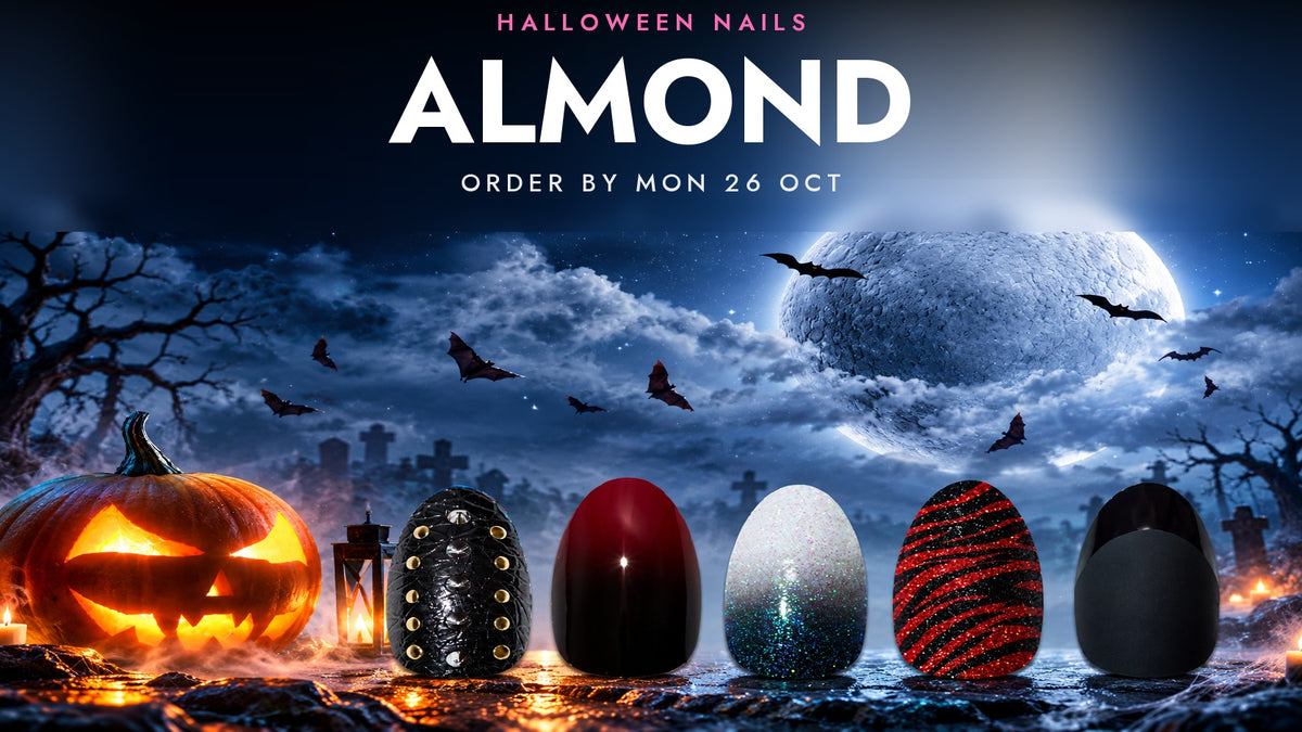 Halloween Nails ALMOND banner by Bling Art - a glowing jack-o-lantern in a moonlit graveyard, with five almond press-on nails below: black with gold studs, dark burgundy, silver glitter, red and black zebra, and matte black.