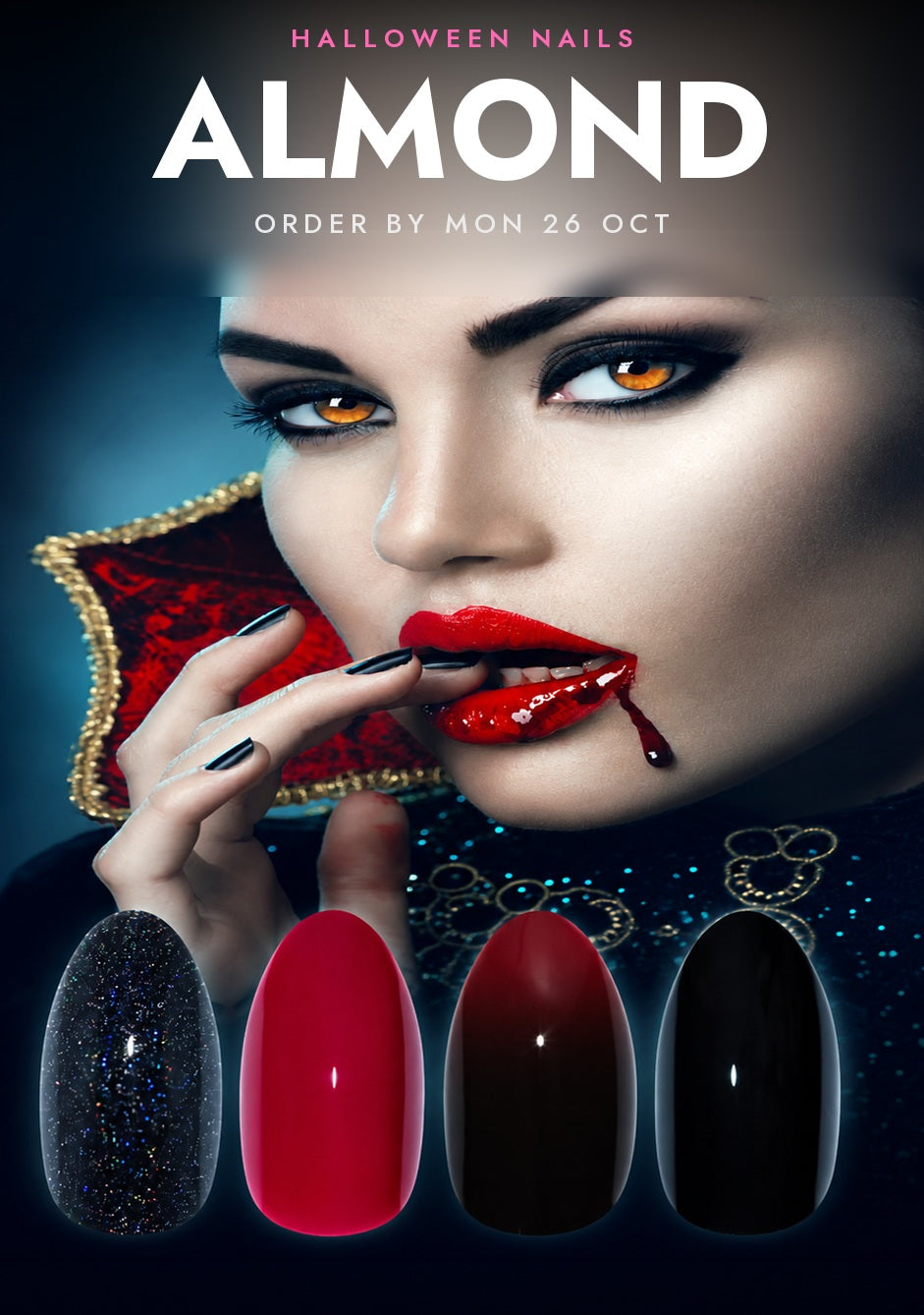 Halloween Nails ALMOND banner by Bling Art - a model in gothic vampire make-up with amber contact lenses, and four long almond press-on nails below: black glitter, bright red, dark burgundy and gloss black.