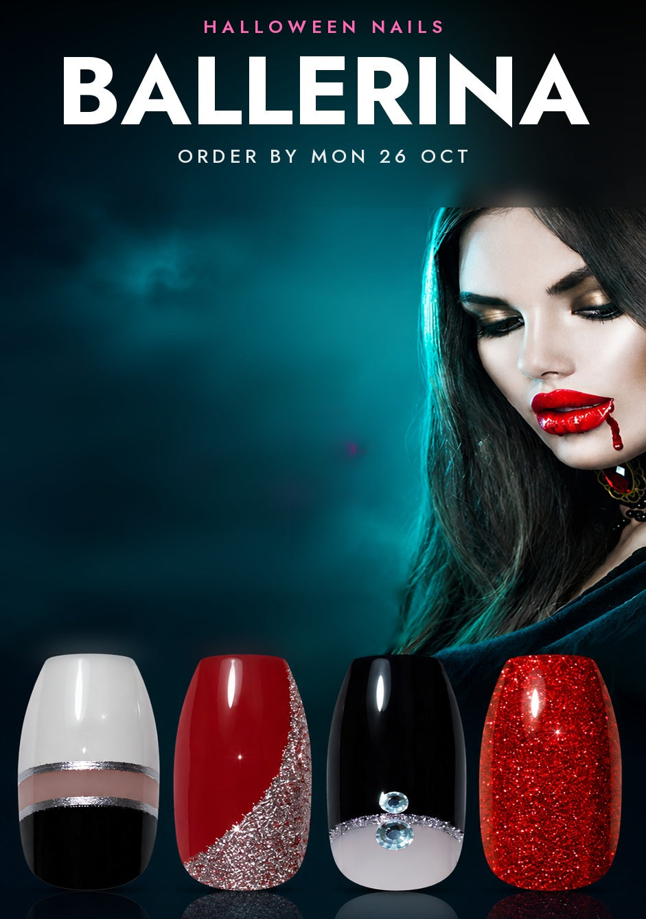 Halloween Nails BALLERINA banner by Bling Art - a gothic model lit in teal, and four long ballerina press-on nails below: silver glitter French tip, red with silver glitter, black set with a crystal, and red glitter.