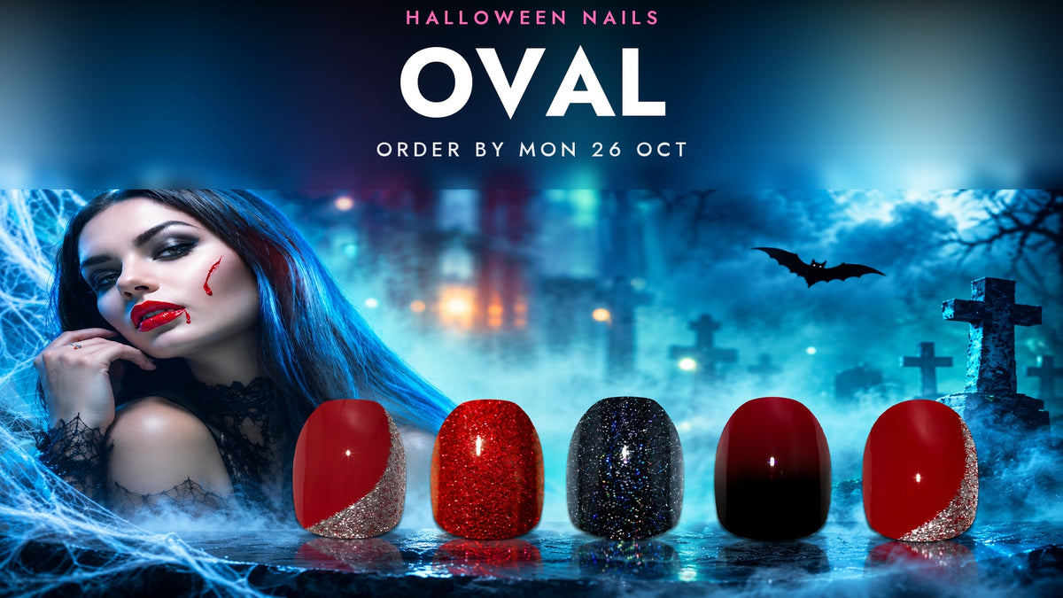 Halloween Nails OVAL banner by Bling Art - a vampire model with blue-black hair and a blood drip, with five oval press-on nails below: red with gold glitter, red glitter, black holographic glitter and red-to-black ombre.