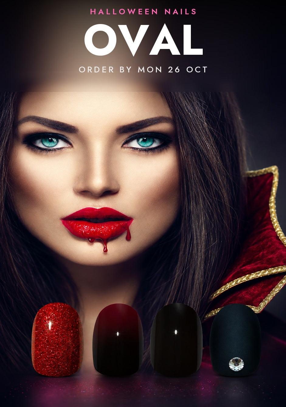 Halloween Nails OVAL banner by Bling Art - a pale gothic model with blood-red lips, and four medium oval press-on nails below: red glitter, deep red, matte black and black set with a crystal.