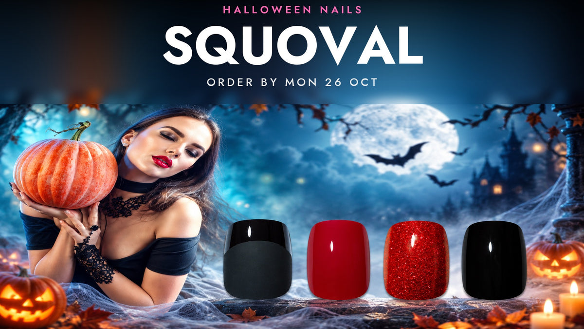 Halloween Nails SQUOVAL banner by Bling Art - a model holding a carved pumpkin under a full moon, with four squoval press-on nails below: matte black, glossy red, red glitter and gloss black. Order by Mon 26 Oct.