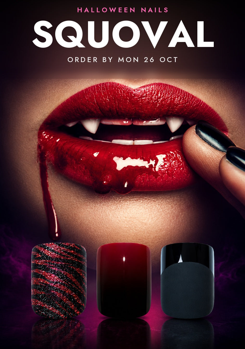 Halloween Nails SQUOVAL banner by Bling Art - glossy blood-red vampire lips, with three squoval press-on nails below: red and black zebra glitter, deep red and matte black. Order by Mon 26 Oct.