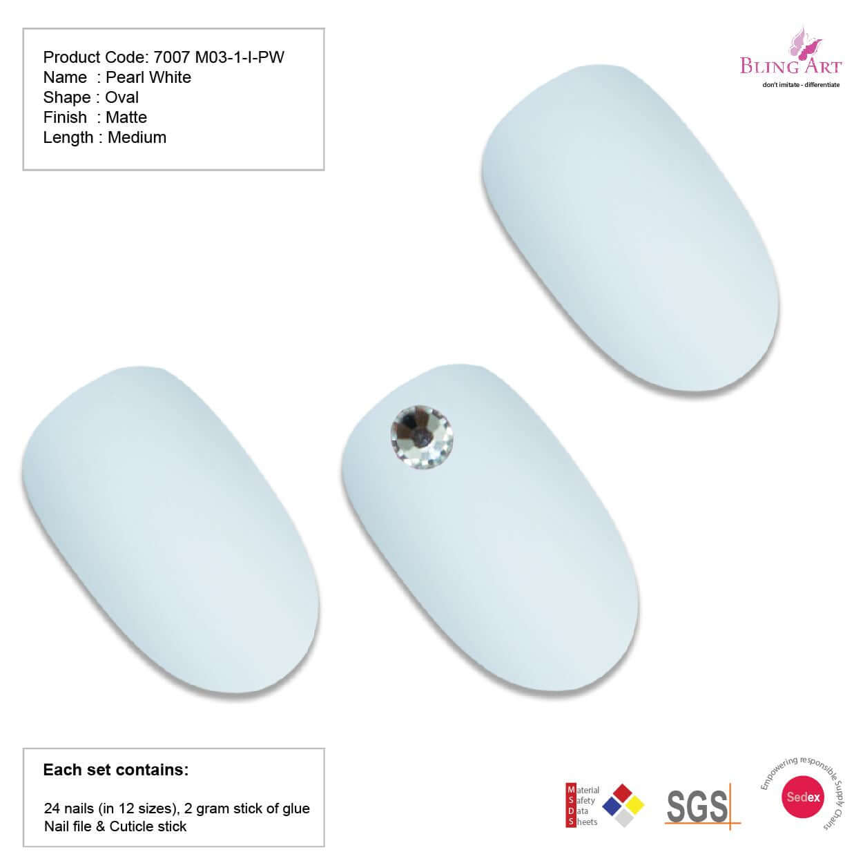 False Nails by Bling Art White Matte Oval Medium Bling Art Fake Acrylic 24 Tips 2g Glue