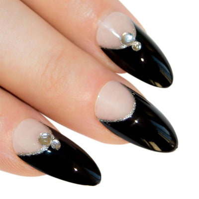 Black Glitter Almond press-on false nails by Bling Art — 24 long tips, salon-quality finish, no UV needed.
