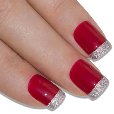 Red Silver French manicure press-on press-on false nails by Bling Art — 24 medium tips, salon-quality finish, no UV needed.