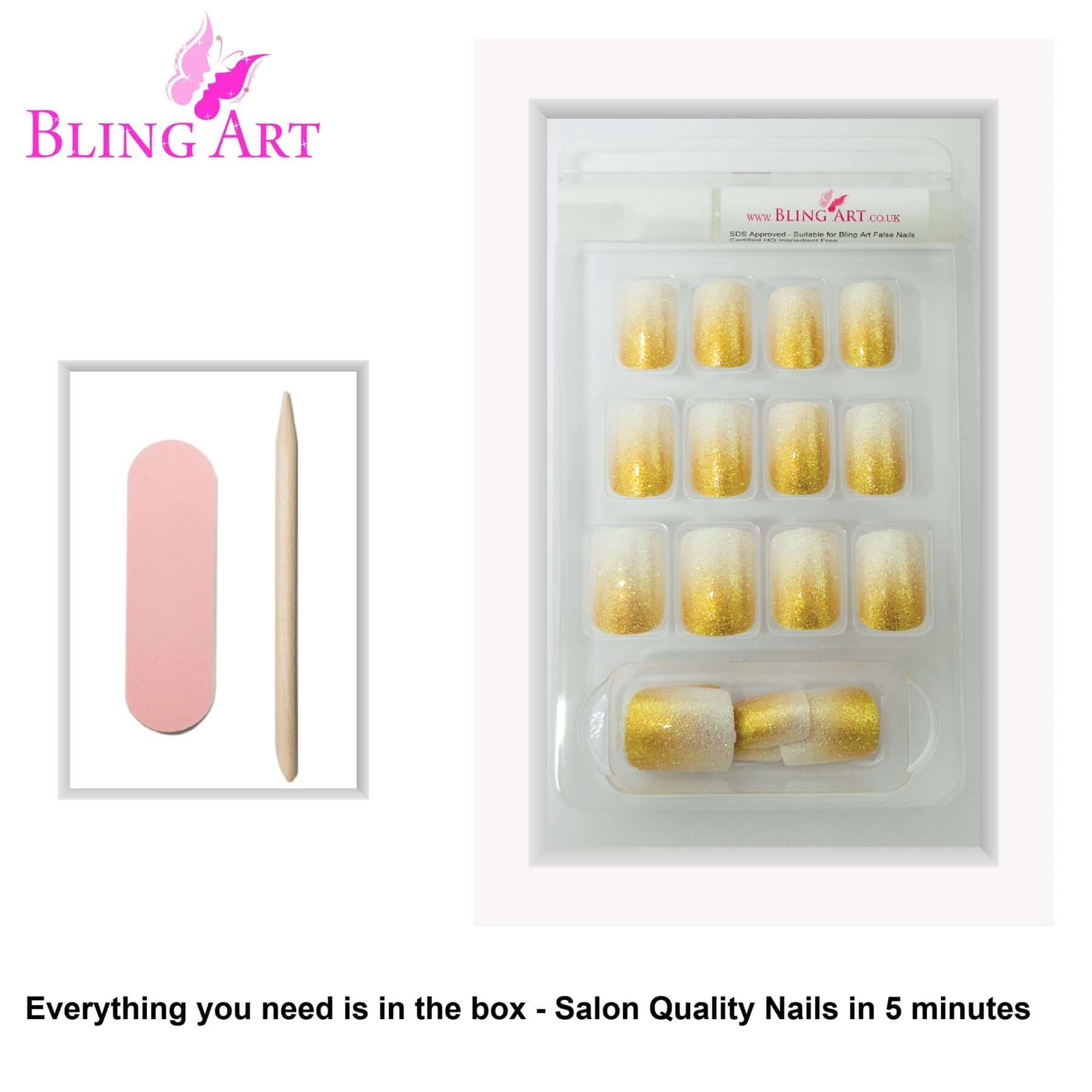 False Nails by Bling Art Gold Gel Ombre French Squoval Fake Medium Acrylic Tips