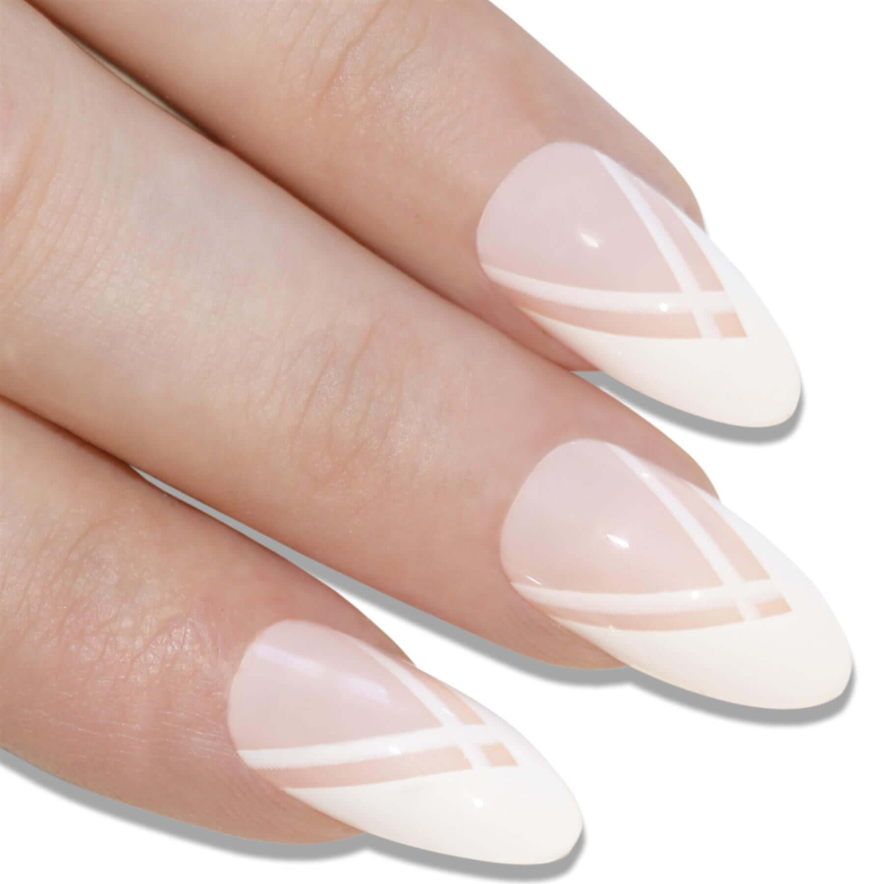 False Nails Bling Art White Lines Almond Stiletto Long Fake Acrylic Tips Glue