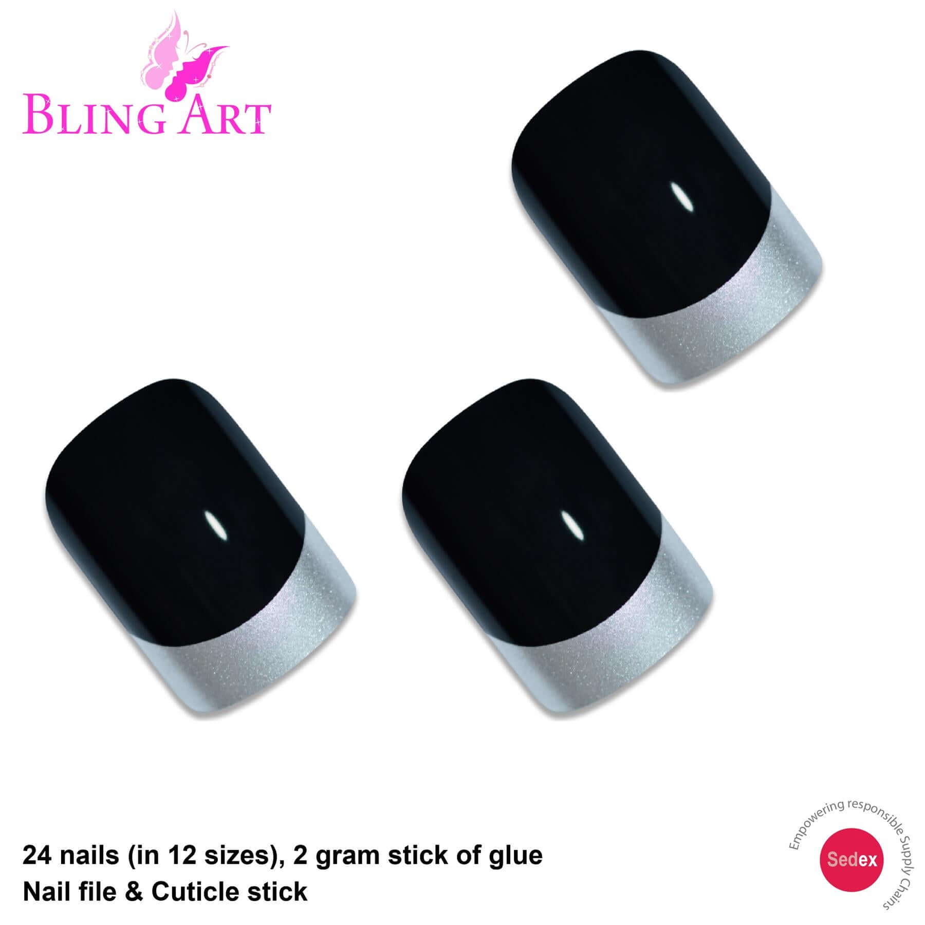 False Nails by Bling Art Black Silver French Manicure Fake Medium Tips with Glue