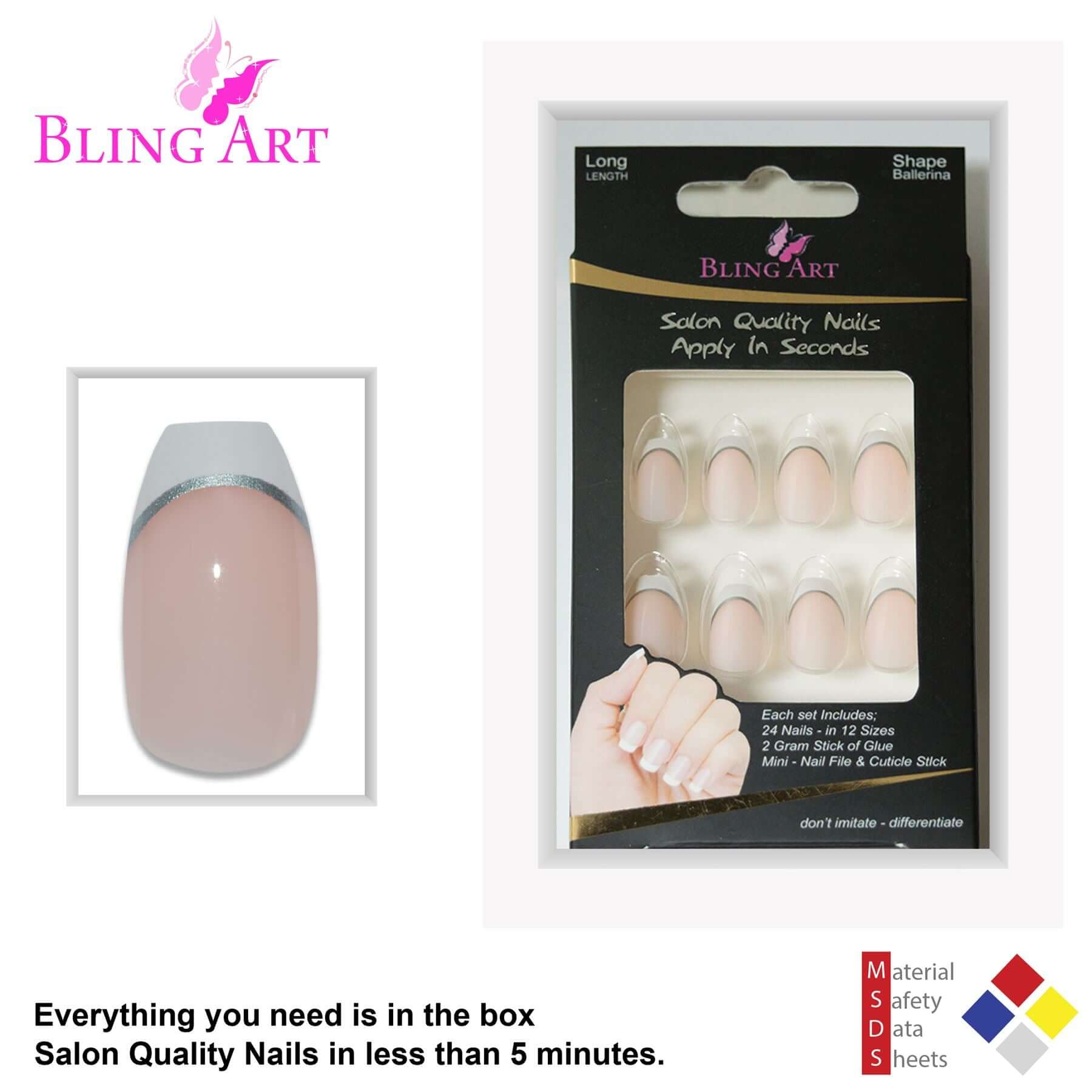 False Nails by Bling Art White Silver Polished Ballerina Coffin Fake 24 Nail Tips