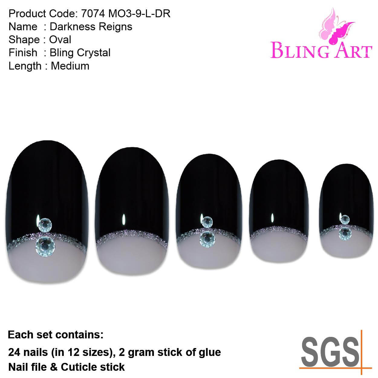 False Nails by Bling Art Black Crystal Glitter Oval Medium Fake Acrylic Tips