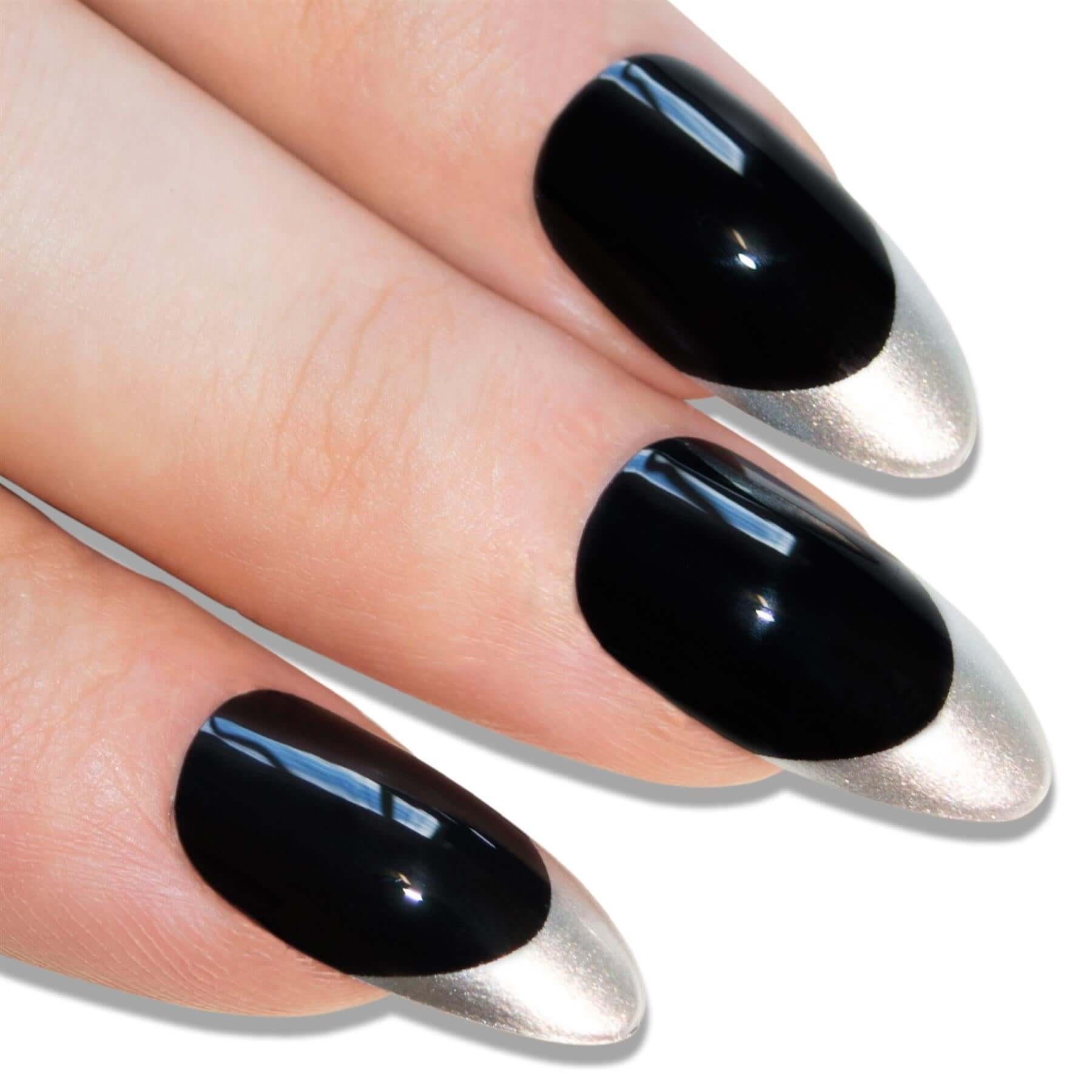 False Nails Bling Art Black Silver Almond Stiletto Long Fake Acrylic Tips with Glue