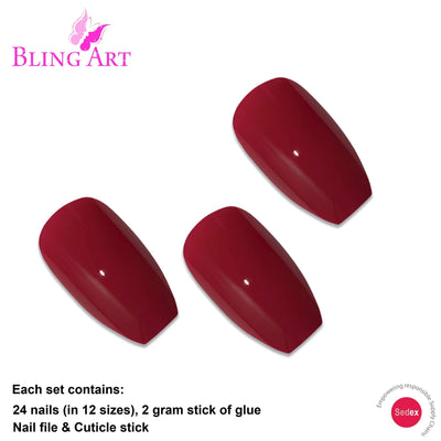 Red Polished Ballerina press-on false nails by Bling Art — 24 long tips, salon-quality finish, no UV needed.
