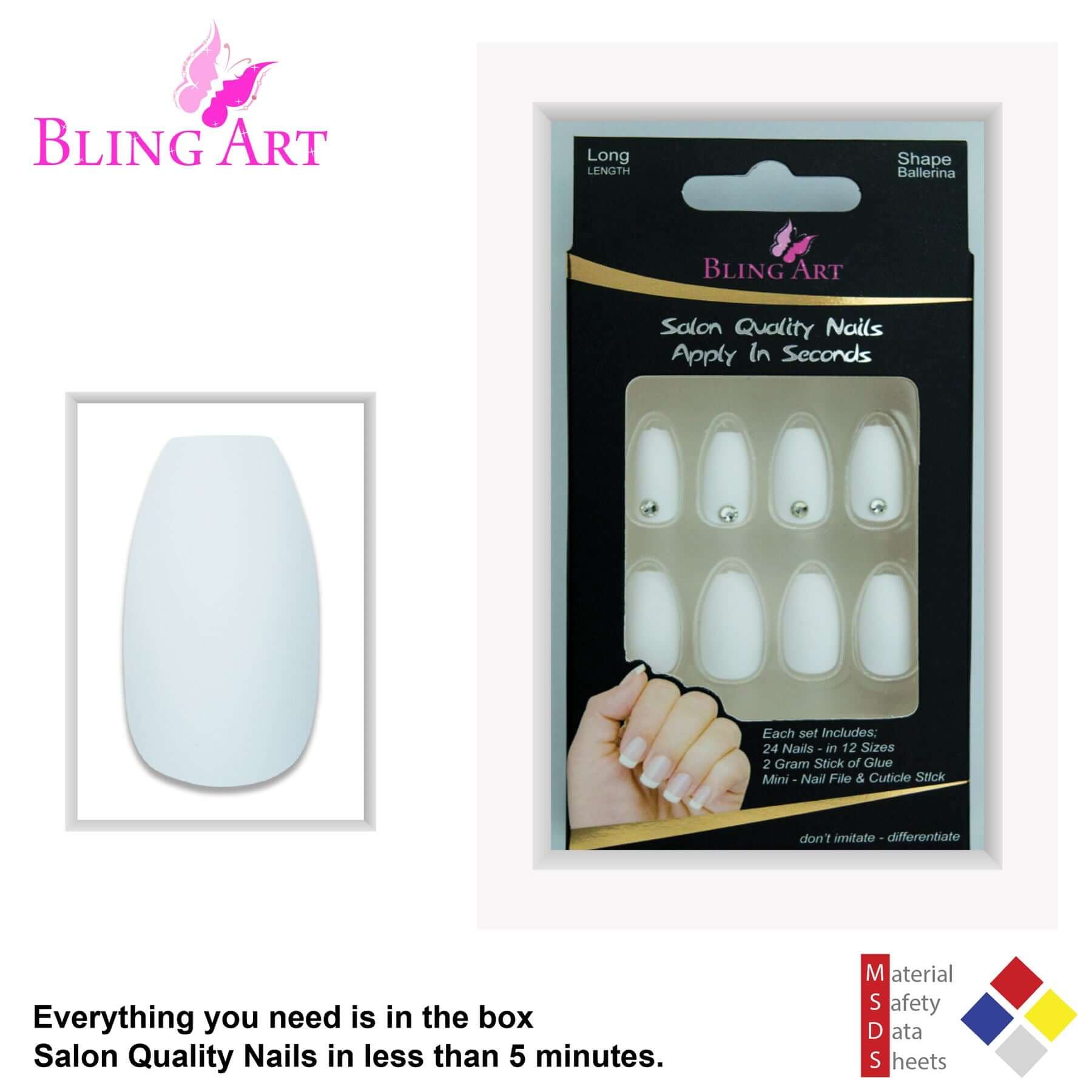 False Nails by Bling Art White Matte Ballerina Coffin 24 Fake Long Acrylic Tips