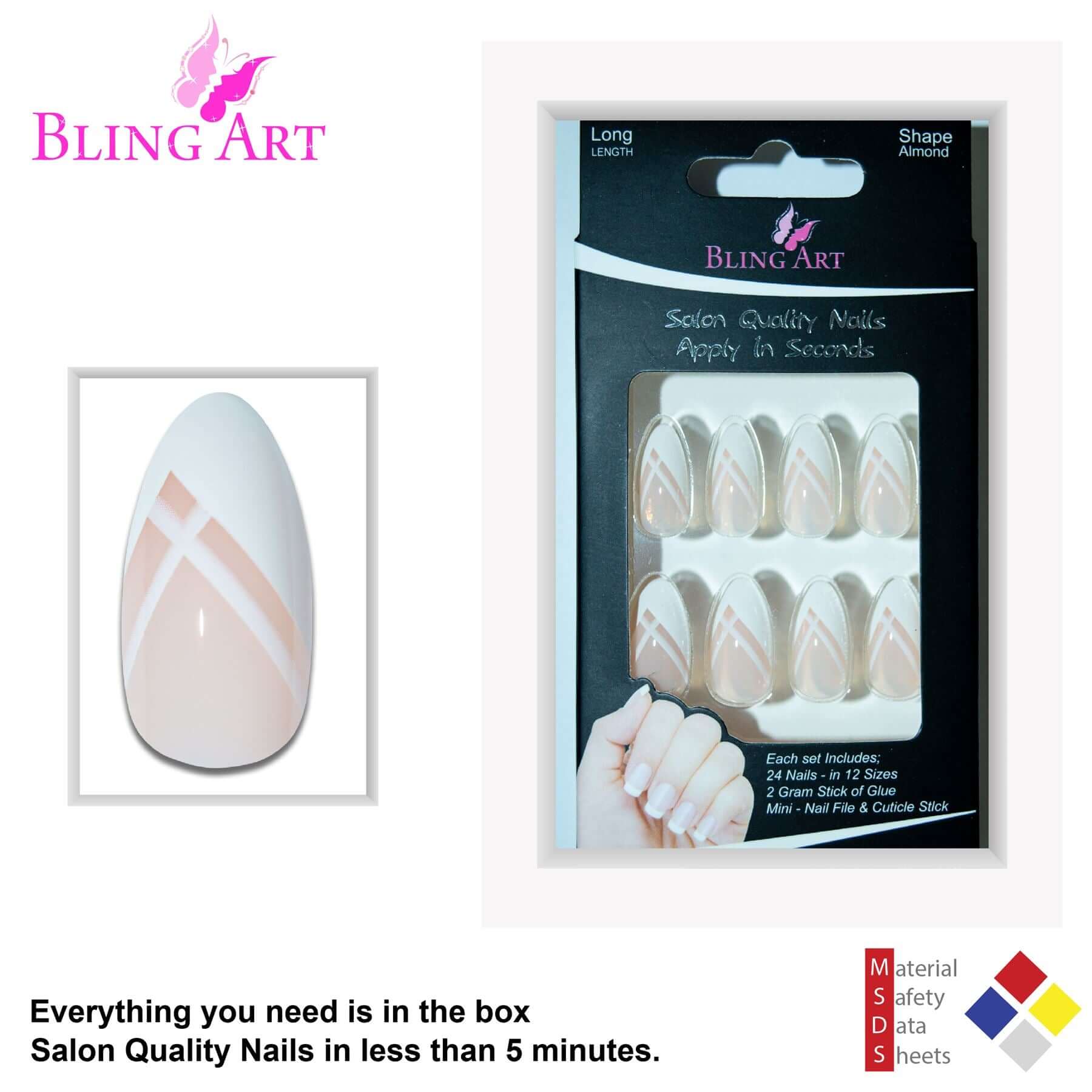 False Nails Bling Art White Lines Almond Stiletto Long Fake Acrylic Tips Glue