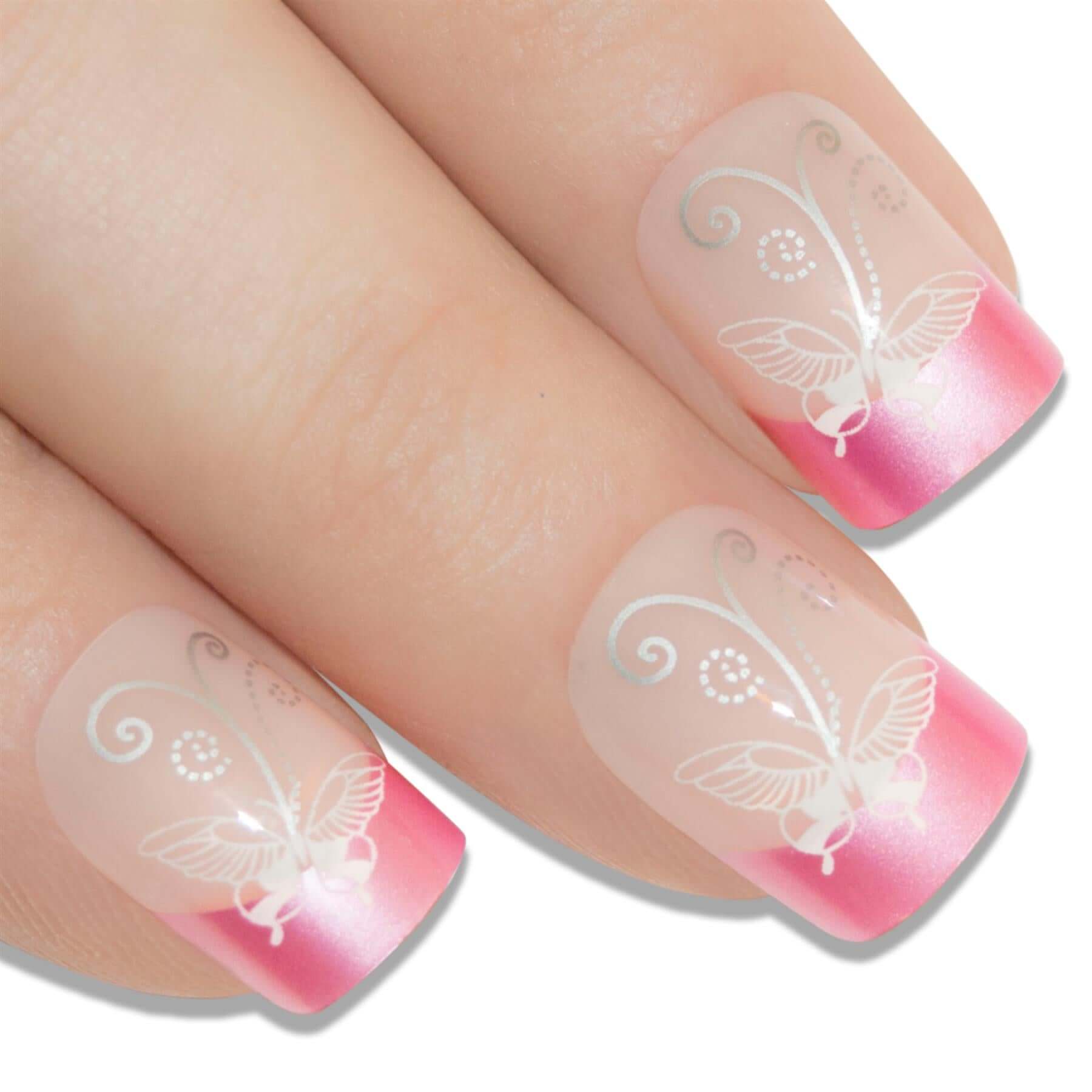 False Nails by Bling Art Pink Flower French Manicure Fake Medium Tips with Glue