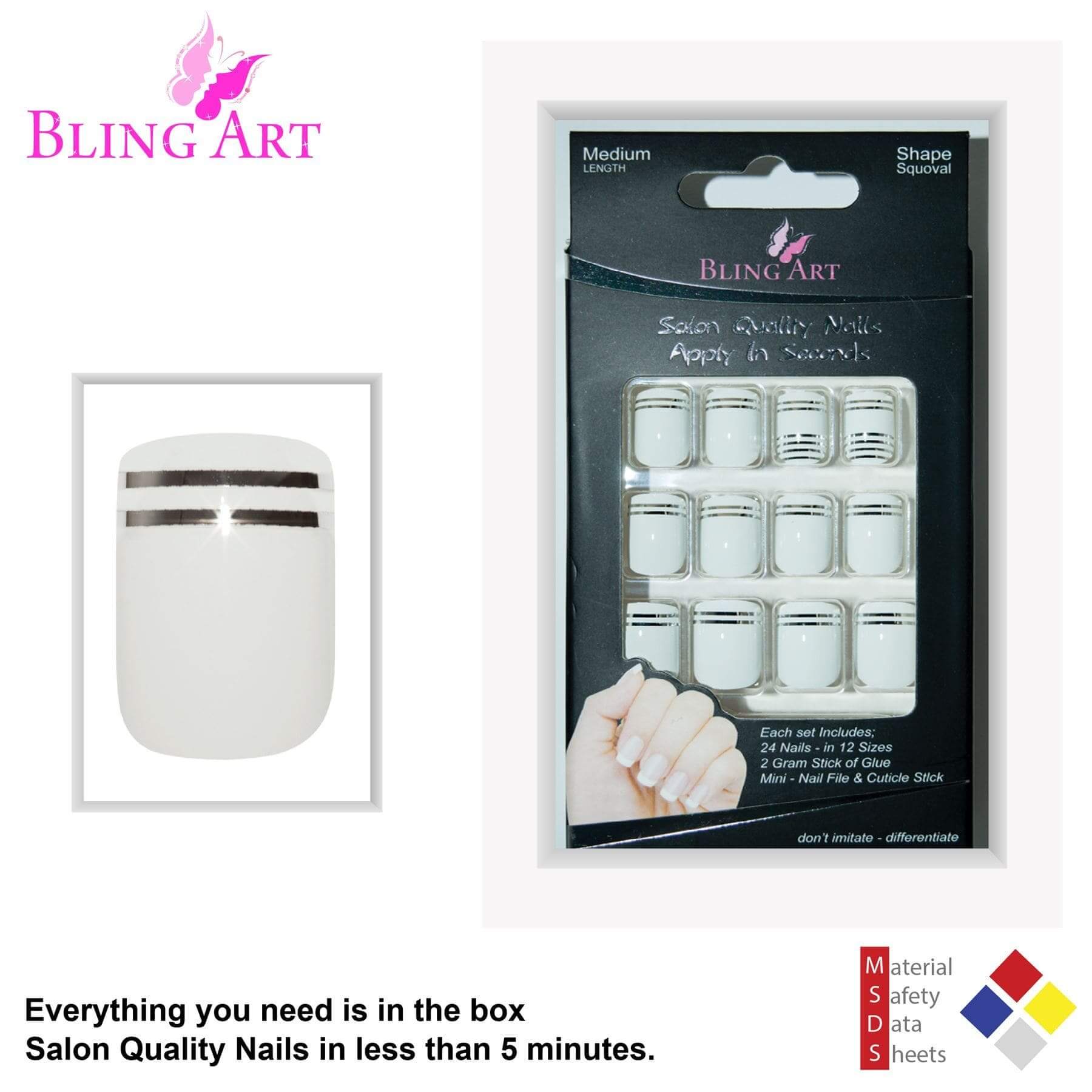 False Nails by Bling Art White Silver French Squoval 24 Fake Medium Acrylic Tips