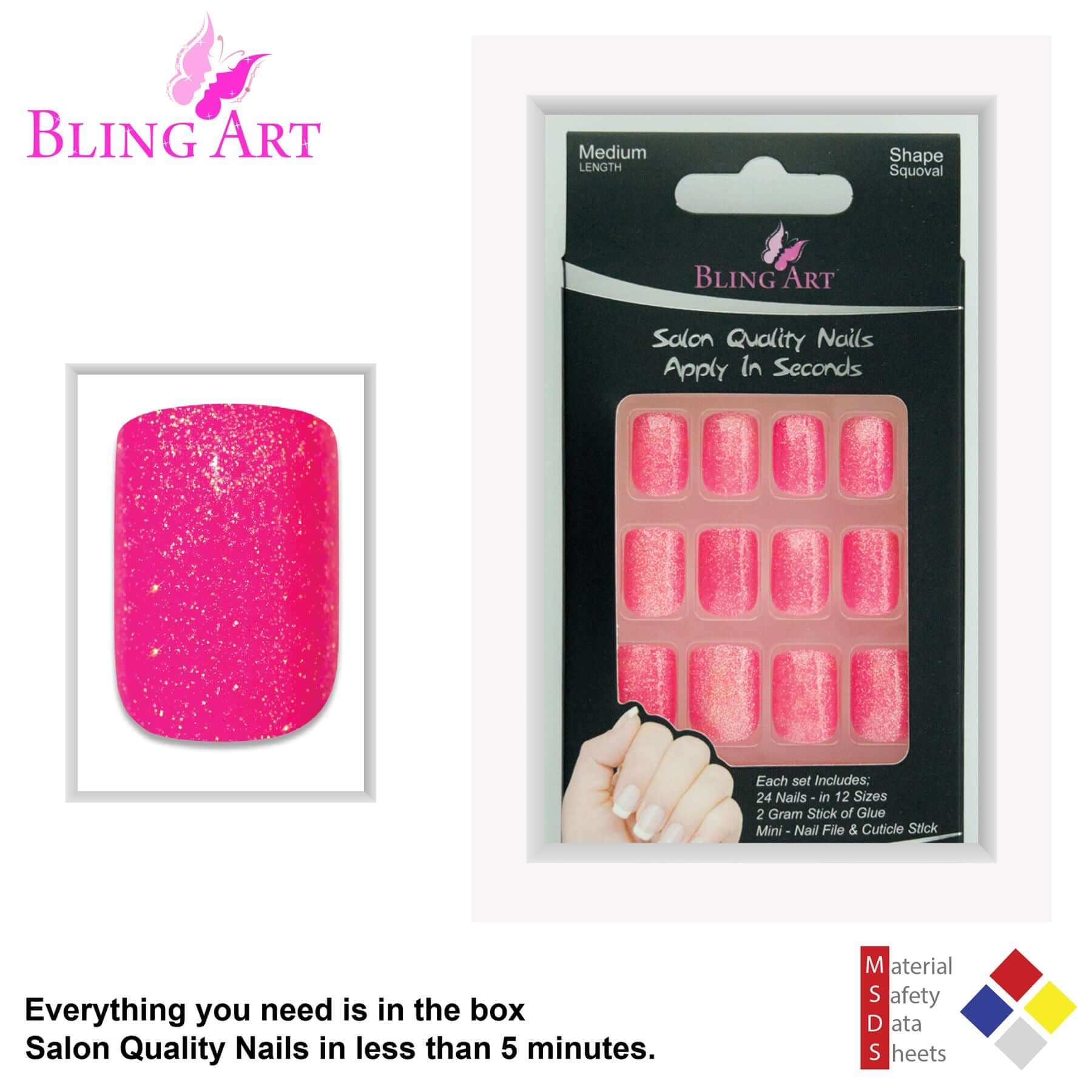 False Nails by Bling Art Pink Gel French Manicure Fake Medium Tips with Glue