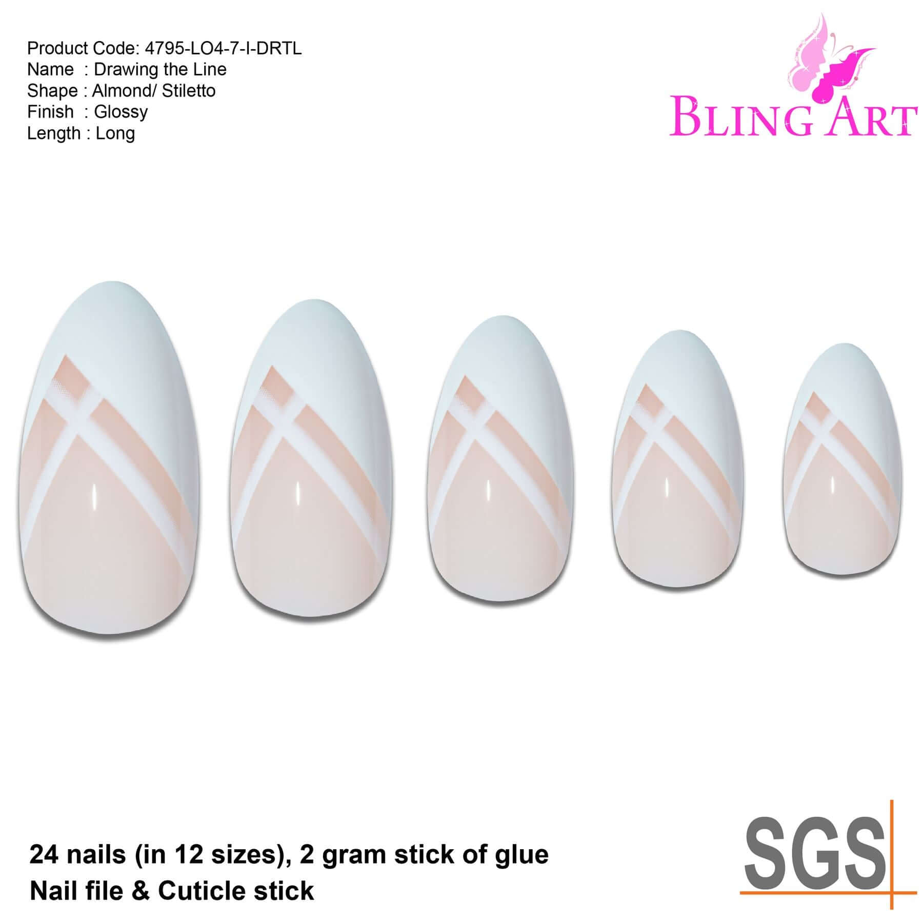False Nails Bling Art White Lines Almond Stiletto Long Fake Acrylic Tips Glue