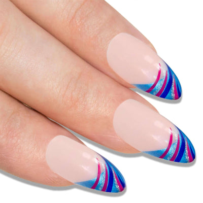 Blue Glitter Almond press-on false nails by Bling Art — 24 long tips, salon-quality finish, no UV needed.