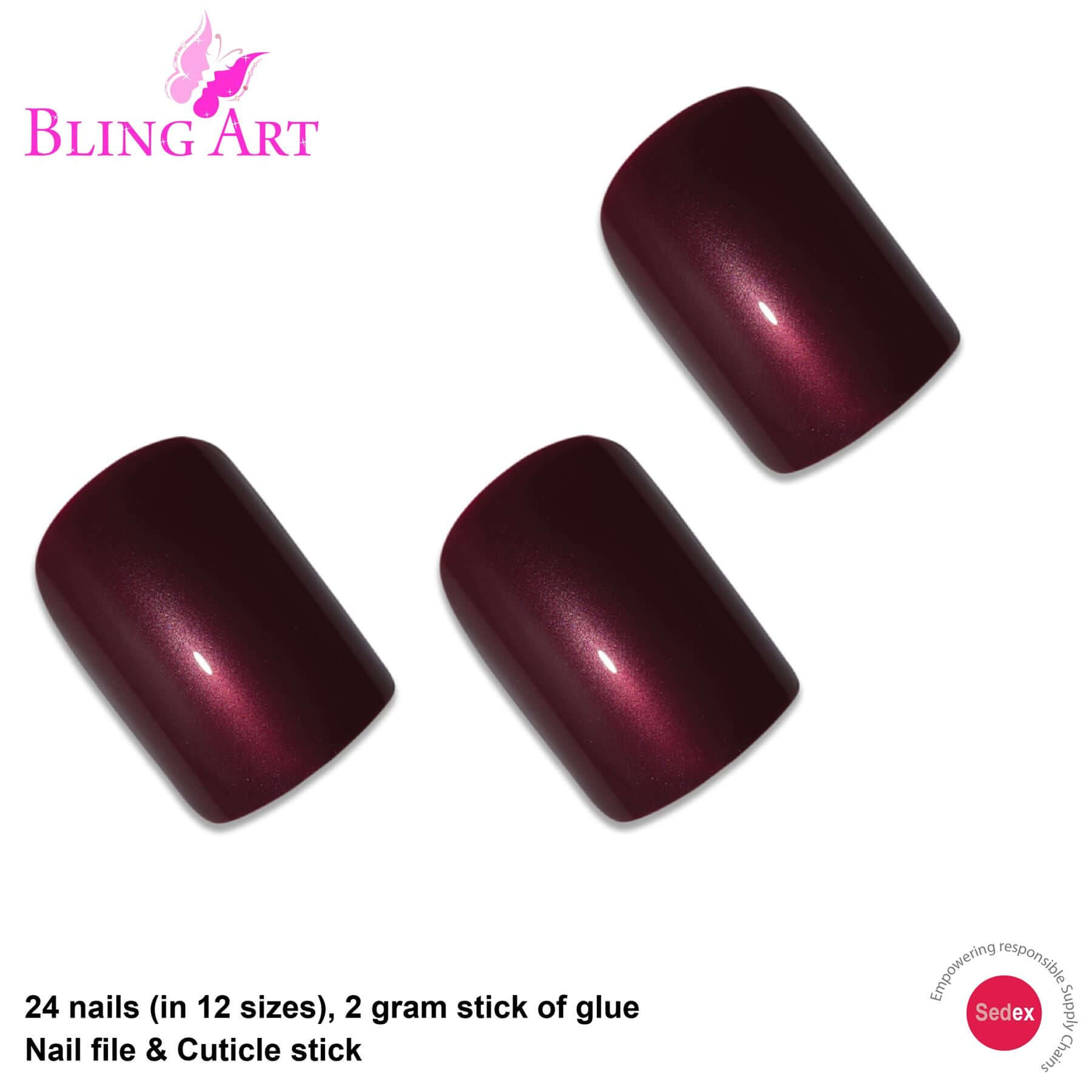 False Nails by Bling Art Red Brown Glitter French Squoval 24 Fake Medium Tips