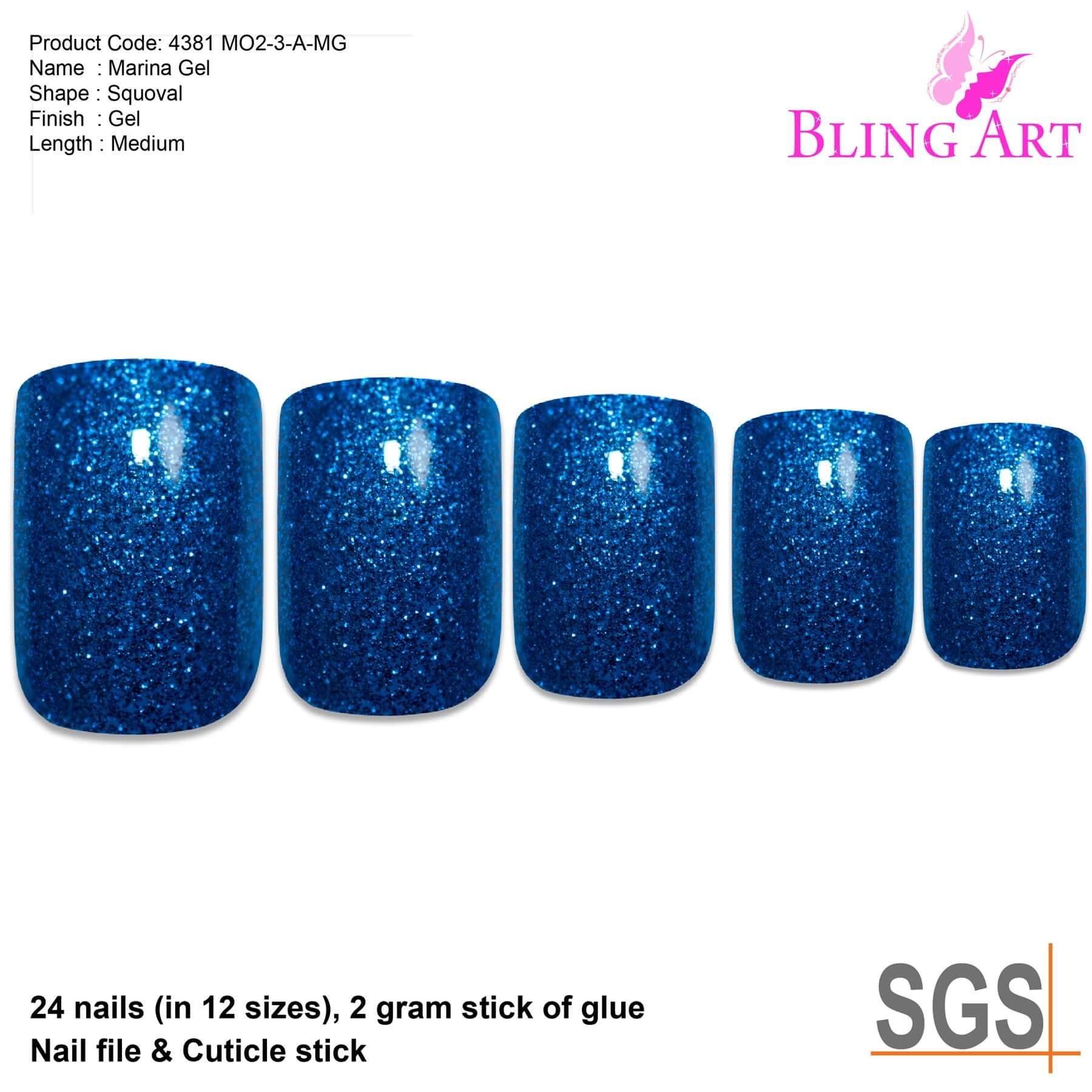 False Nails by Bling Art Blue Gel French Manicure Fake Medium Tips with Glue