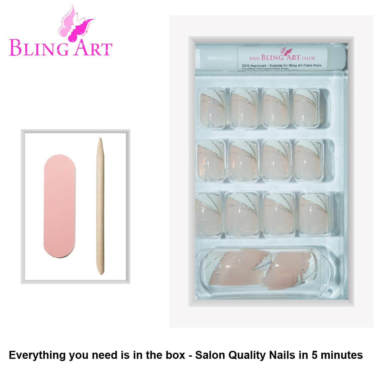 False Nails by Bling Art Glitter White French Manicure Fake Medium Tips with Glue