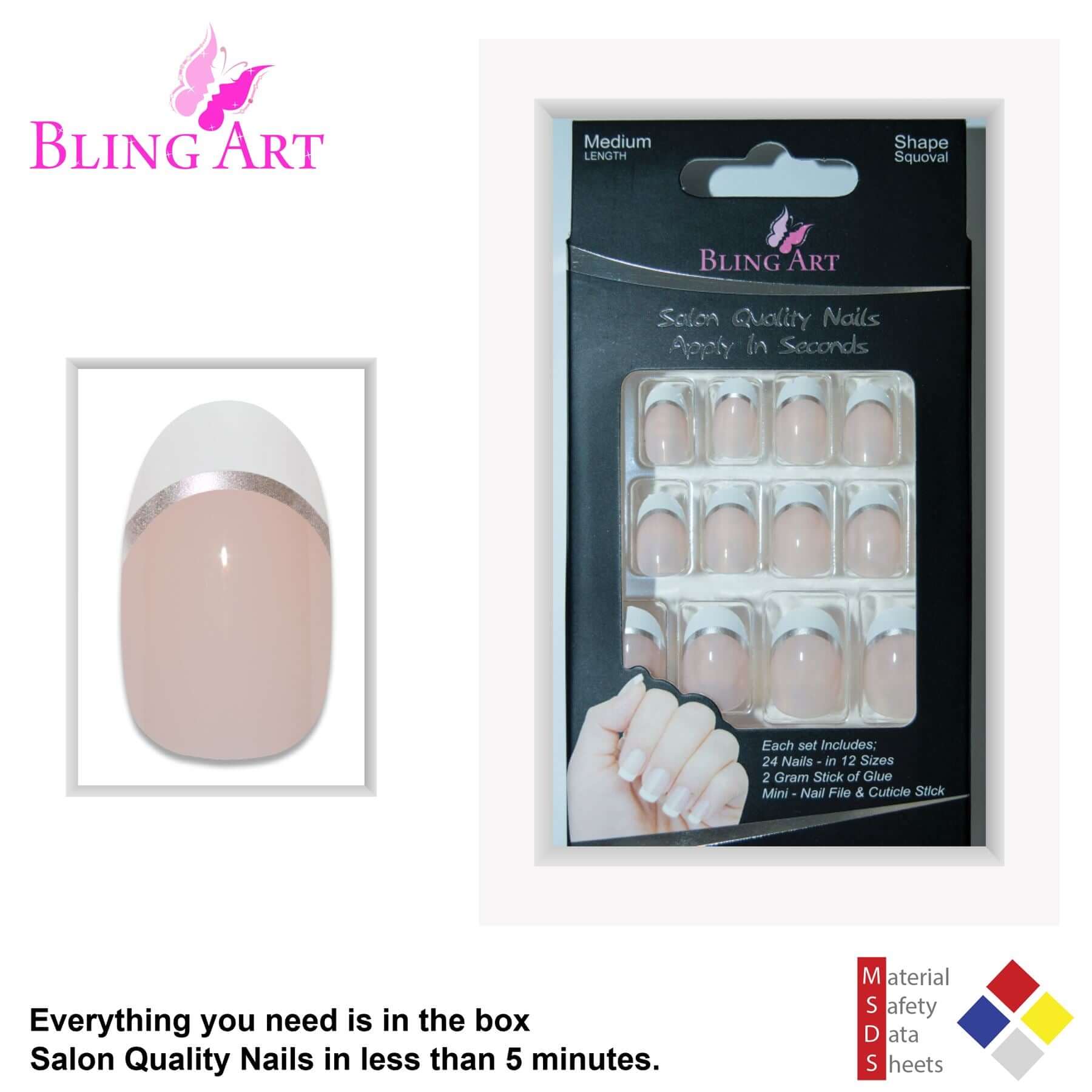 False Nails by Bling Art White Silver Polished Oval Medium Fake 24 Nail Tips