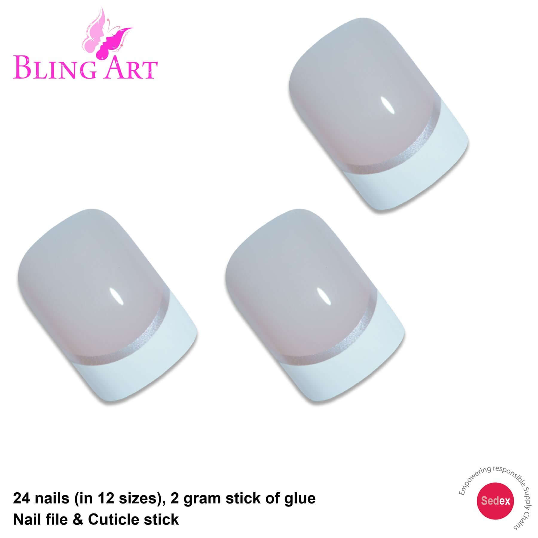 False Nails by Bling Art White Silver French Manicure Fake Medium Tips with Glue