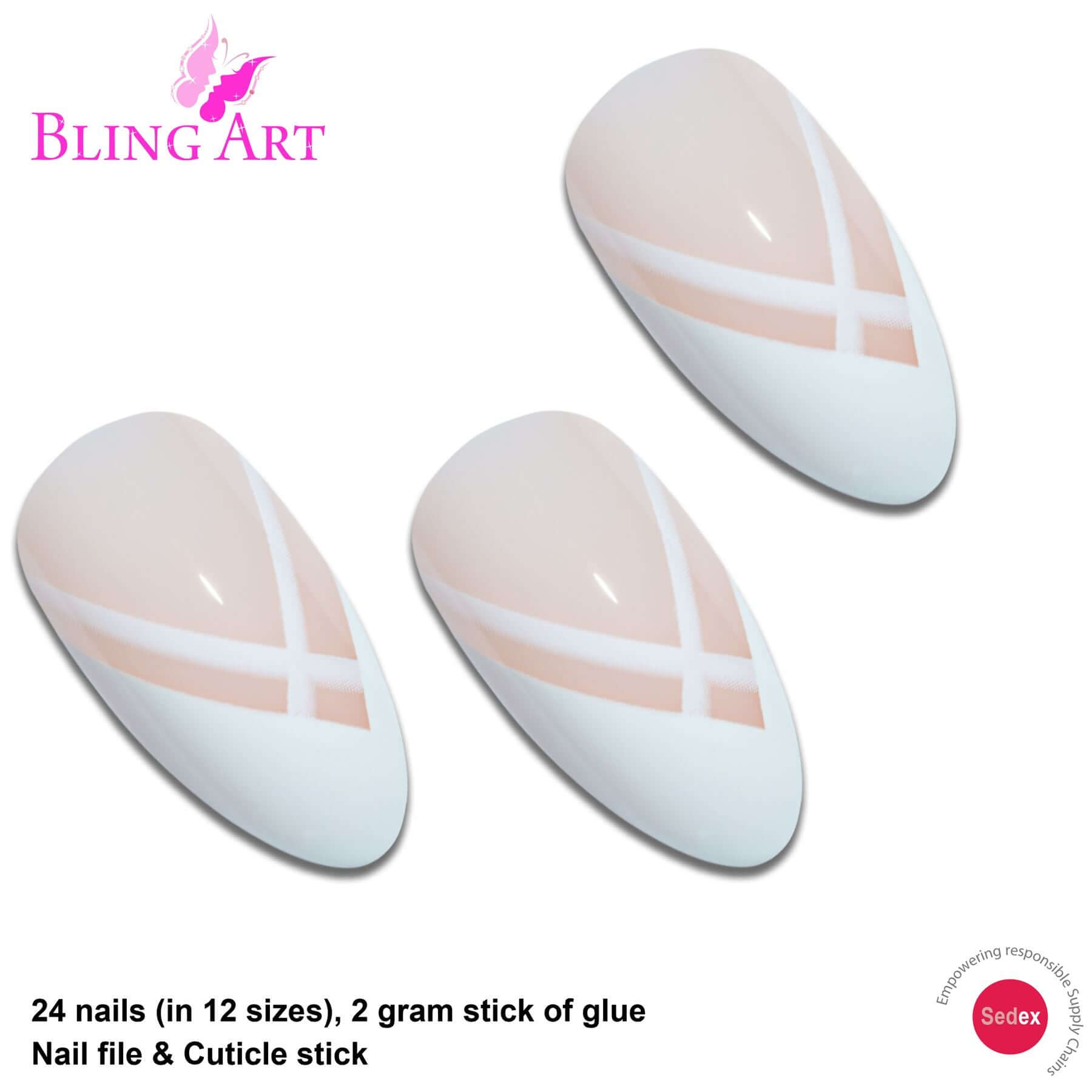 False Nails Bling Art White Lines Almond Stiletto Long Fake Acrylic Tips Glue