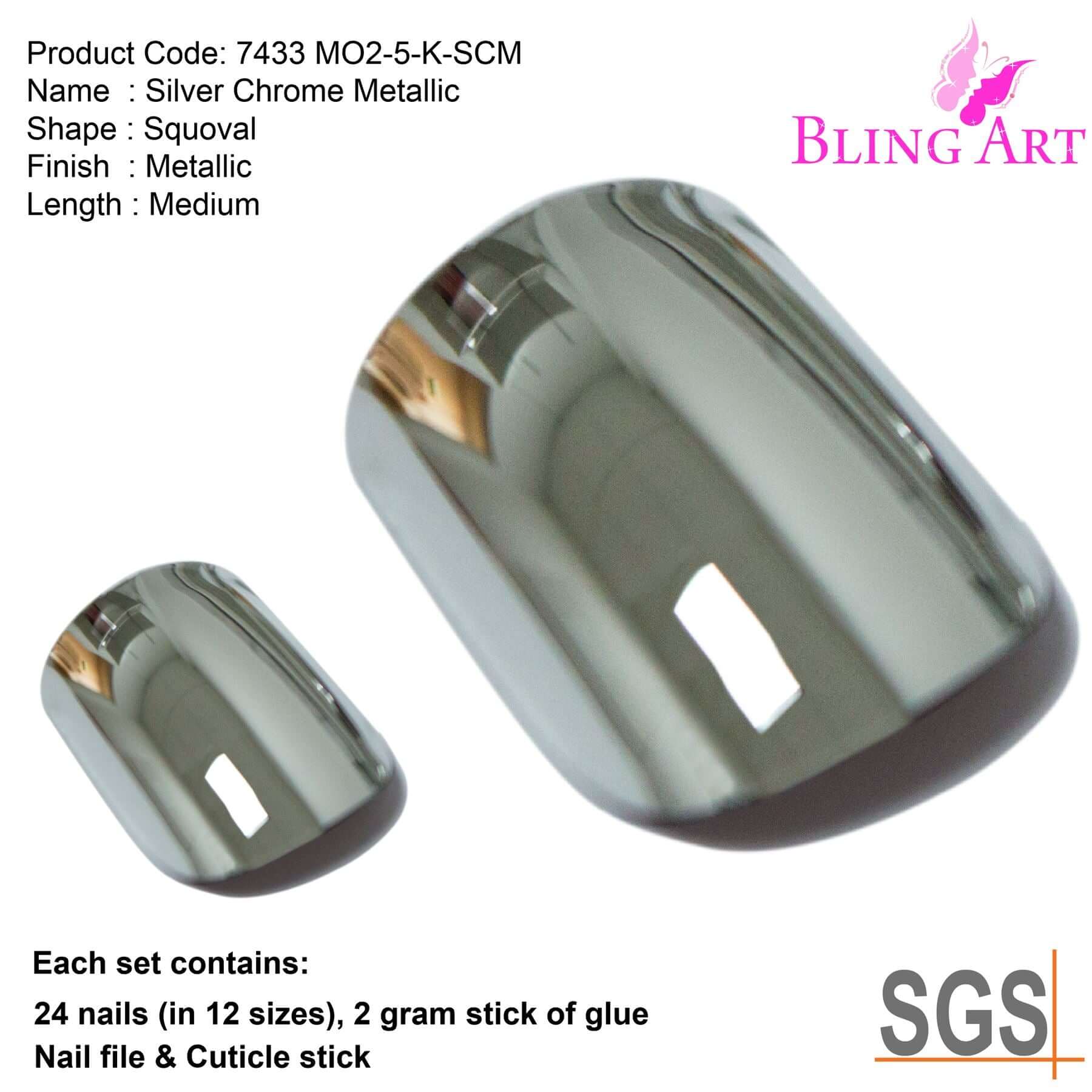 False Nails by Bling Art Silver Chrome French Squoval Fake Medium Acrylic Tips