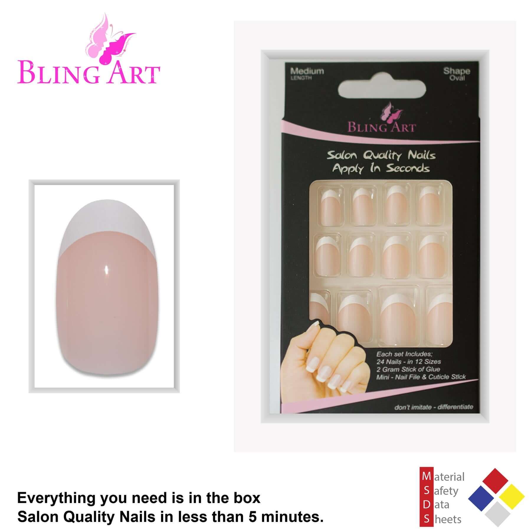 False Nails by Bling Art White French Polished Oval Medium Fake 24 Nail Tips