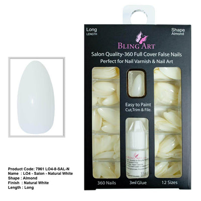 Designer Almond press-on false nails by Bling Art — 24 long tips, salon-quality finish, no UV needed.