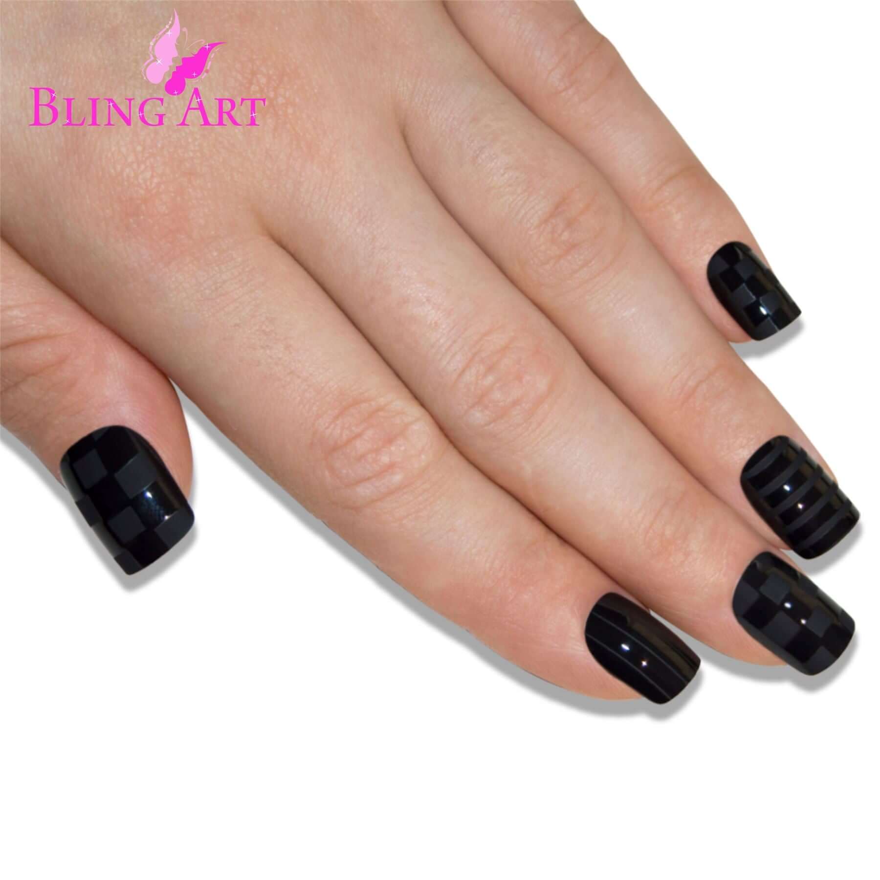 False Nails Bling Art Matte Black 24 French Manicure Fake Medium Tips with Glue