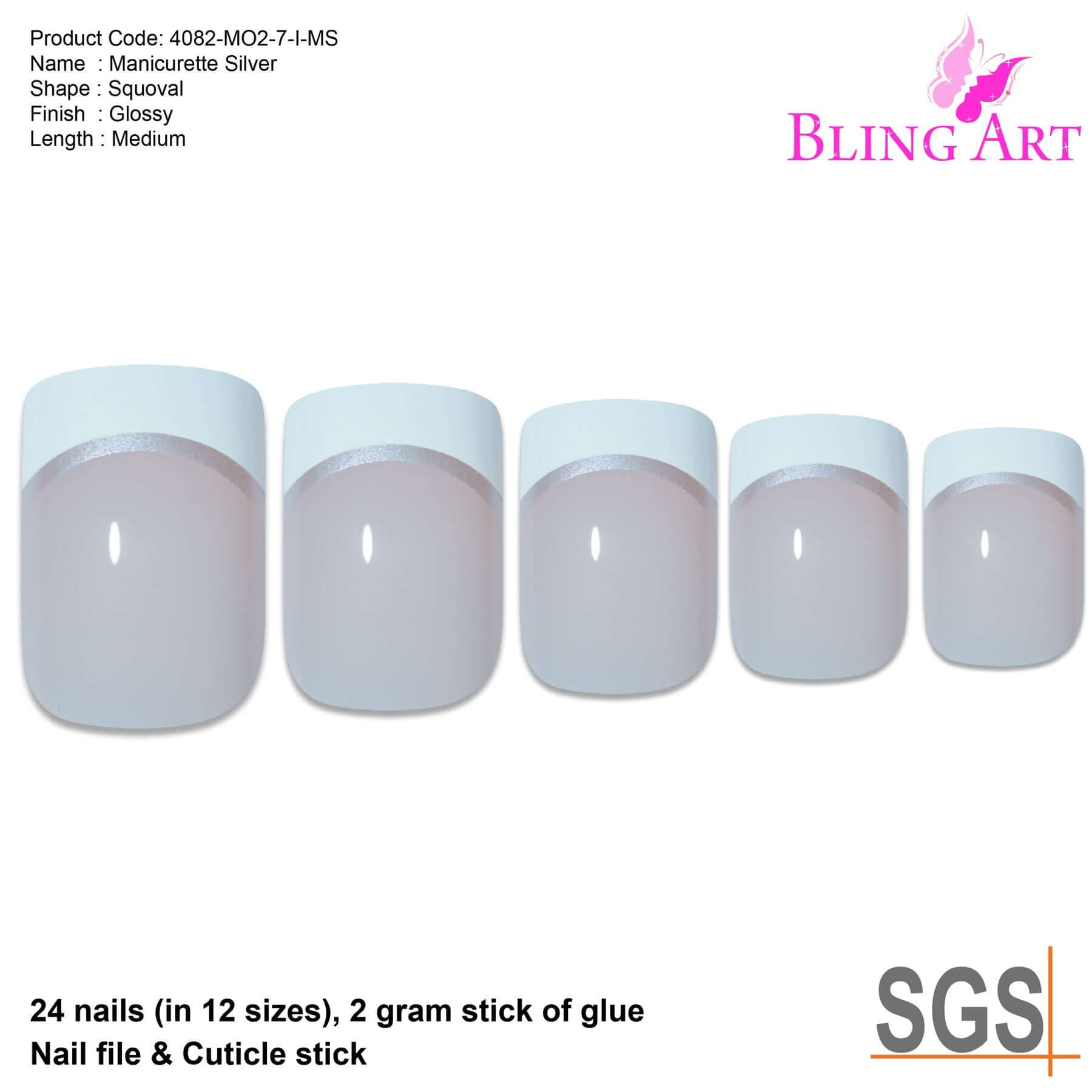 False Nails by Bling Art White Silver French Manicure Fake Medium Tips with Glue