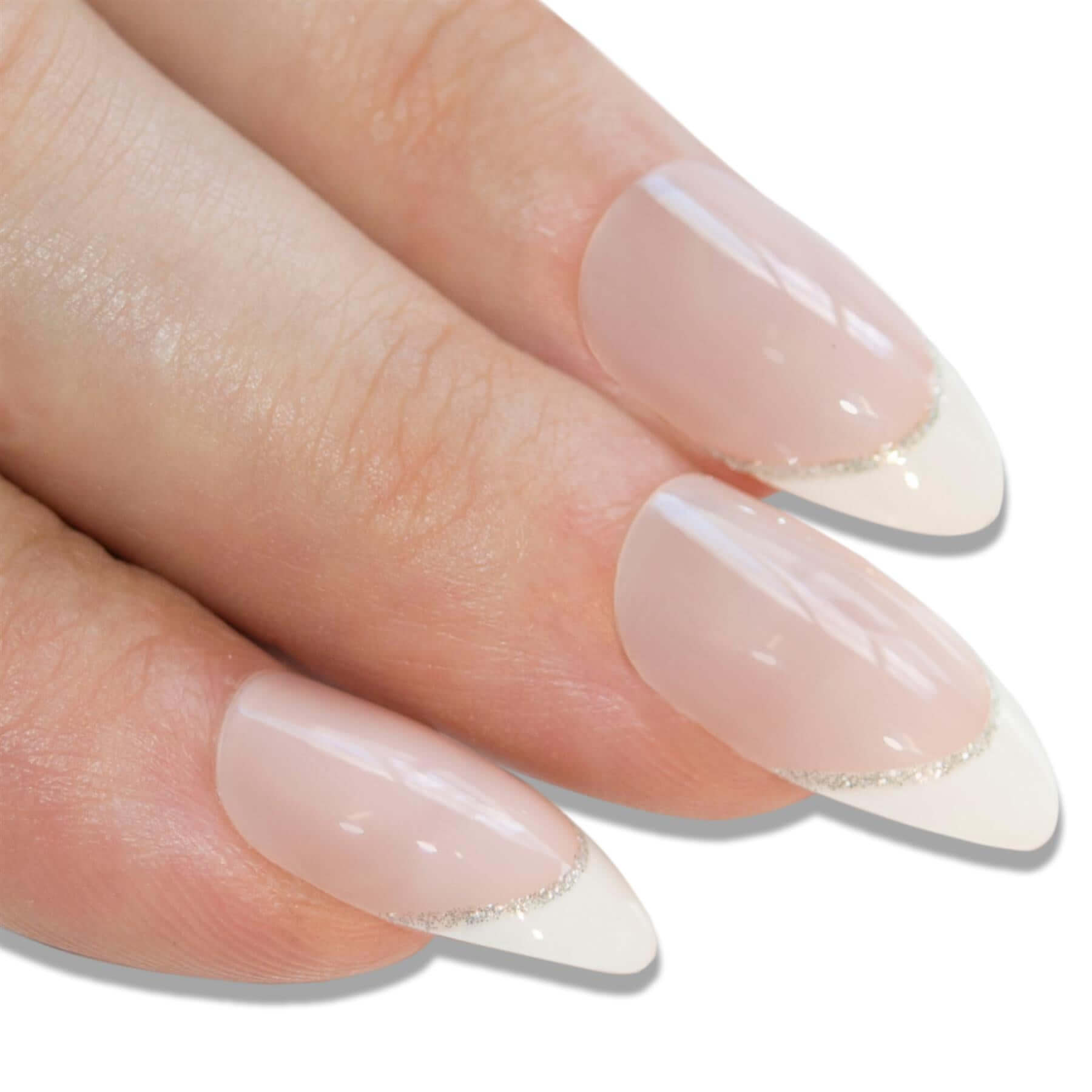 False Nails Bling Art White Silver Strip Almond Stiletto Long Fake Acrylic Tips