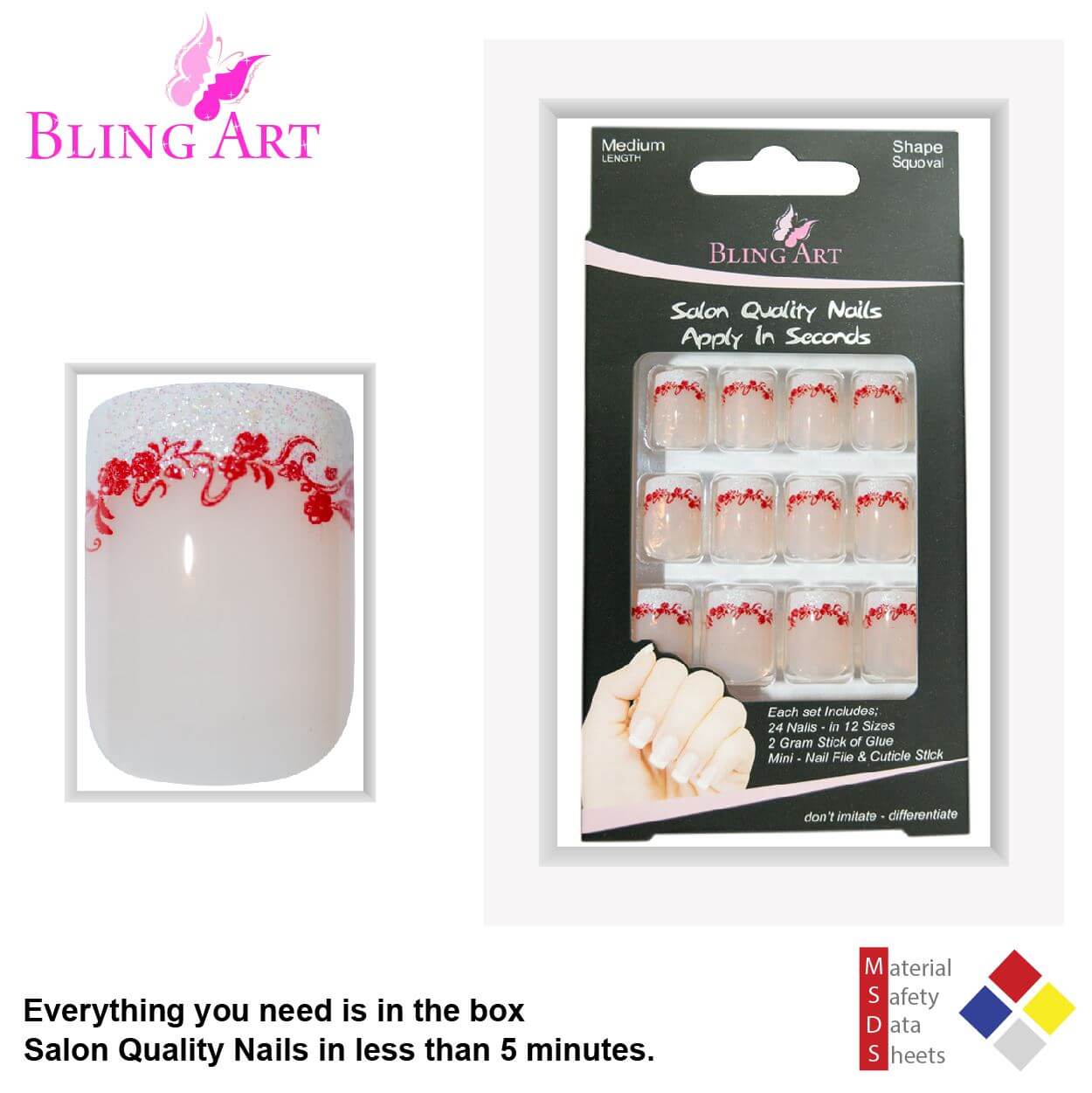 False Nails by Bling Art White Red Glitter Medium Tips With Glue