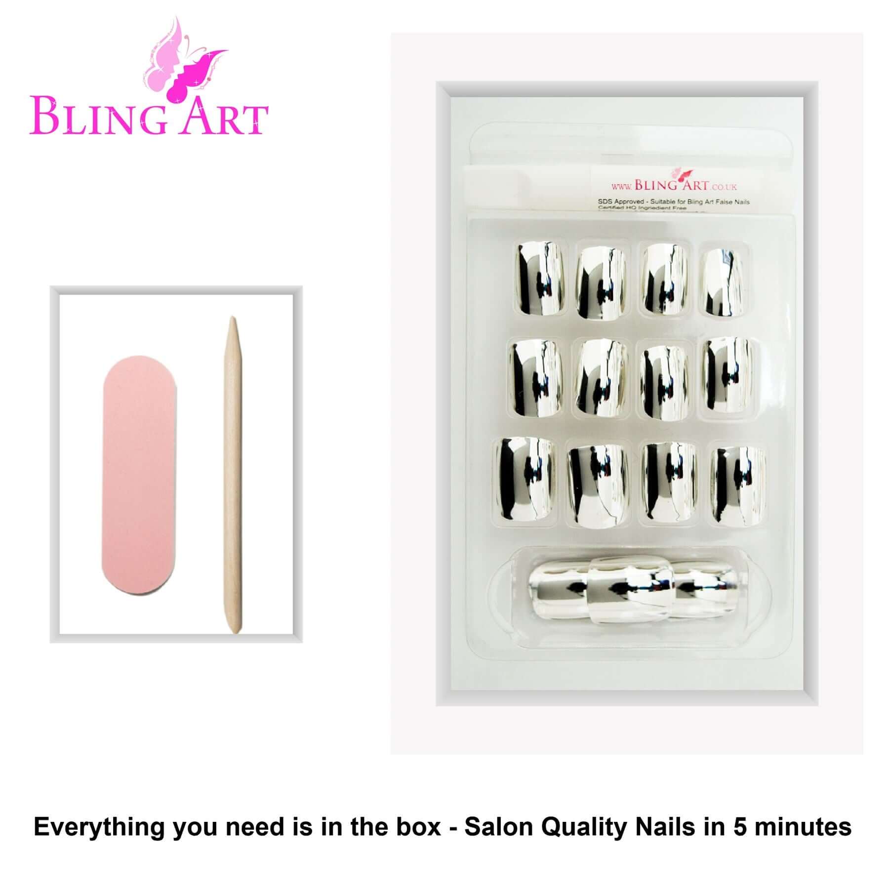 False Nails by Bling Art Silver Chrome French Squoval Fake Medium Acrylic Tips