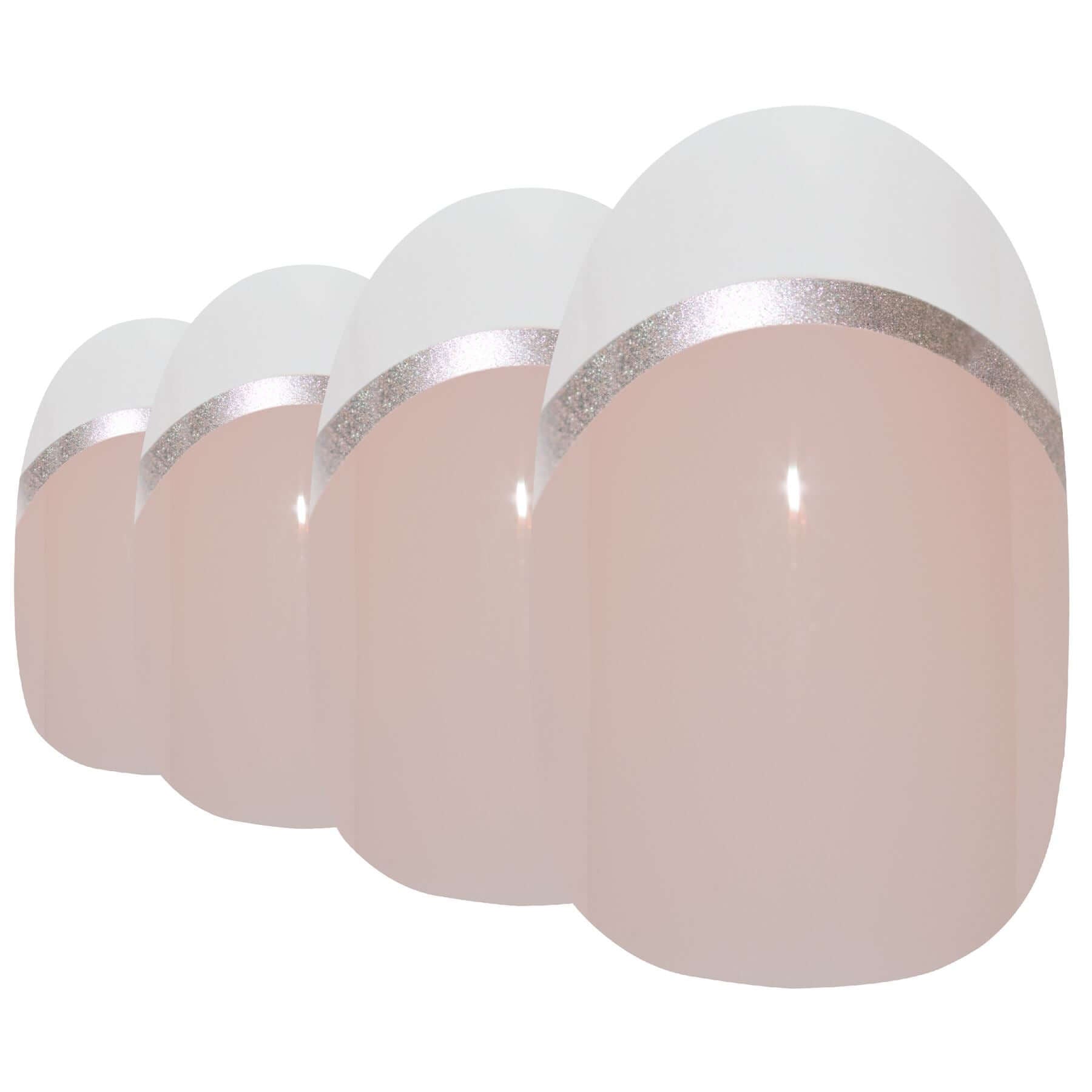 False Nails by Bling Art White Silver Polished Oval Medium Fake 24 Nail Tips