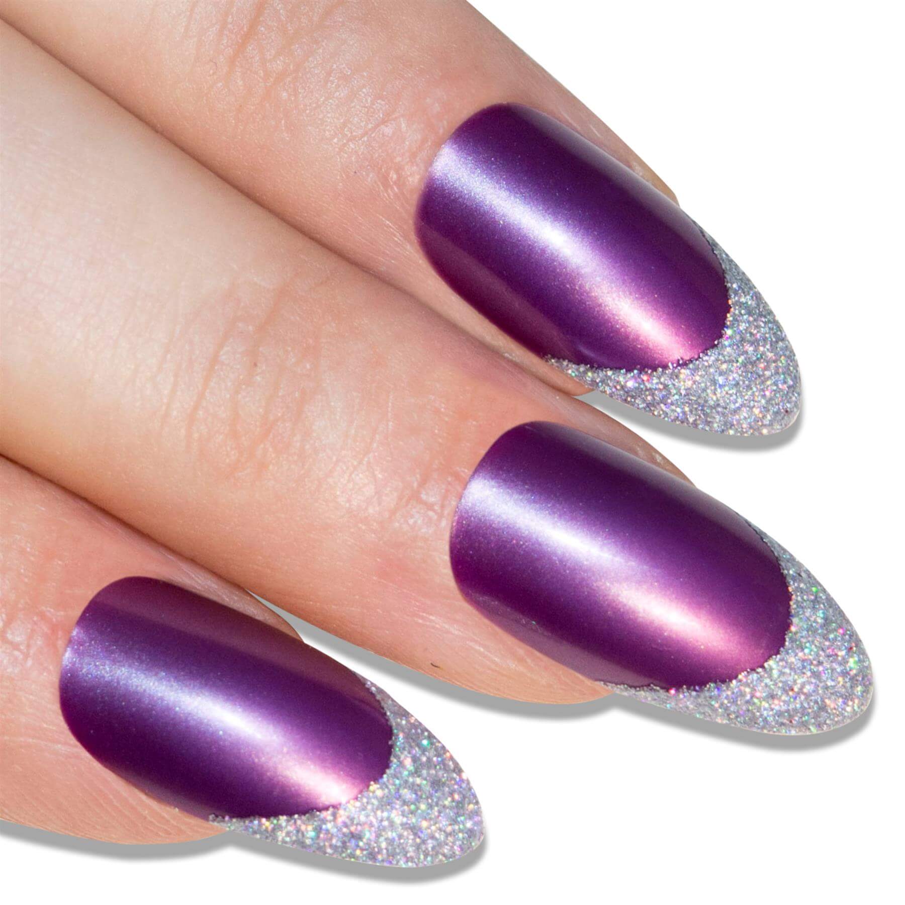 False Nails by Bling Art Purple Silver Almond Stiletto Long Fake Acrylic Tips Glue