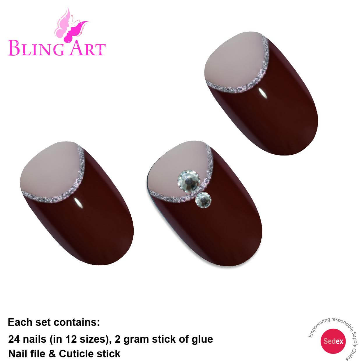 False Nails by Bling Art Red Brown Crystal Polished Oval Medium Fake Nail Tips