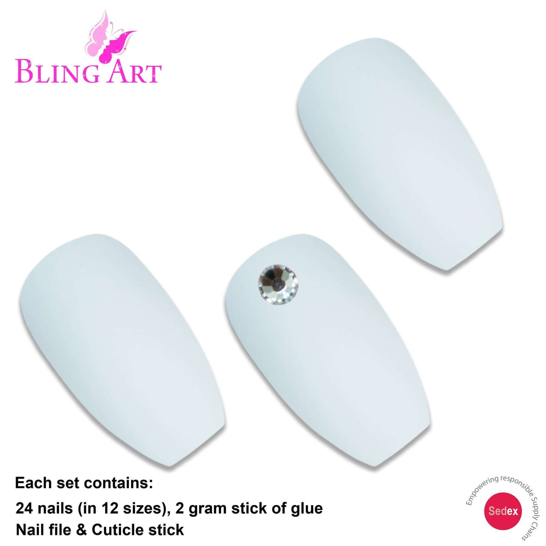 False Nails by Bling Art White Matte Ballerina Coffin 24 Fake Long Acrylic Tips